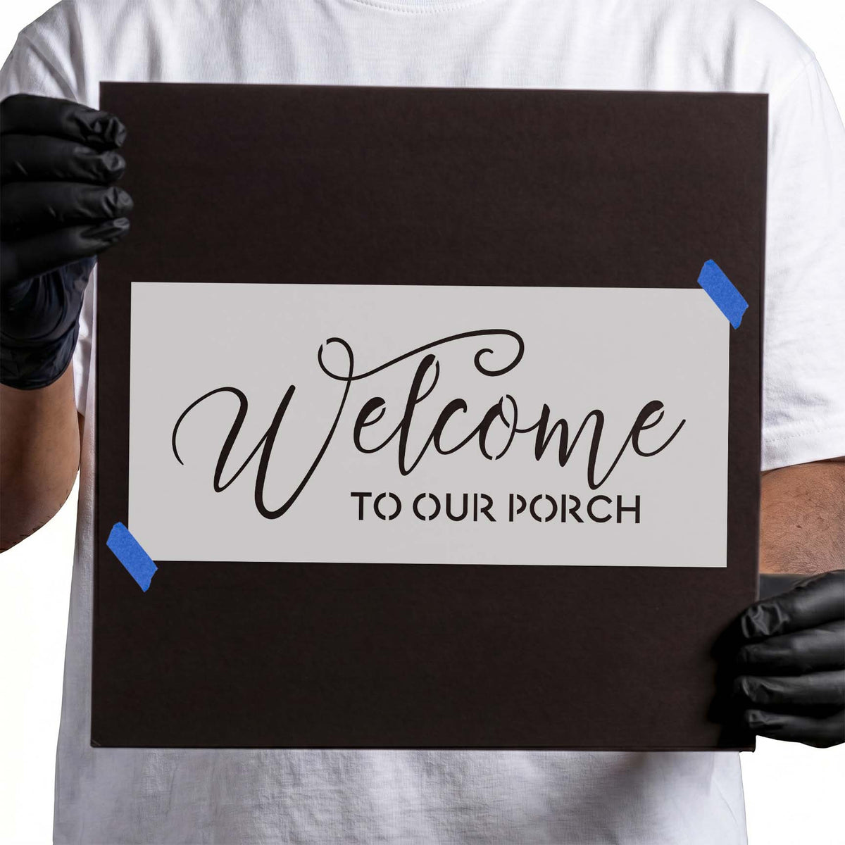 Welcome to our porch stencil with flowing script and block lettering