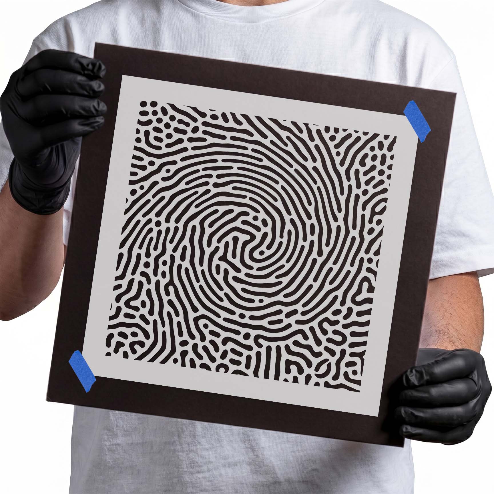 Whorl fingerprint stencil with dense spiral ridges and organic lines