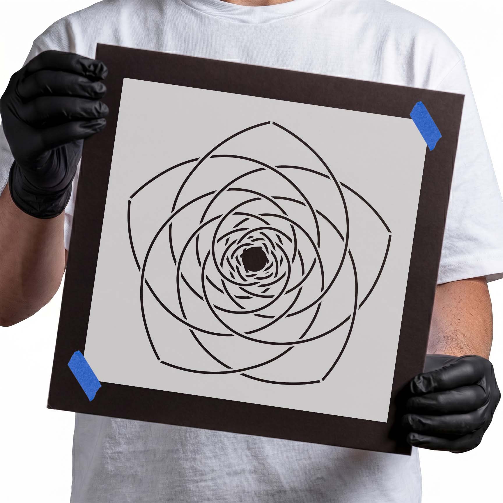 Spiral flower stencil with layered overlapping curved petals