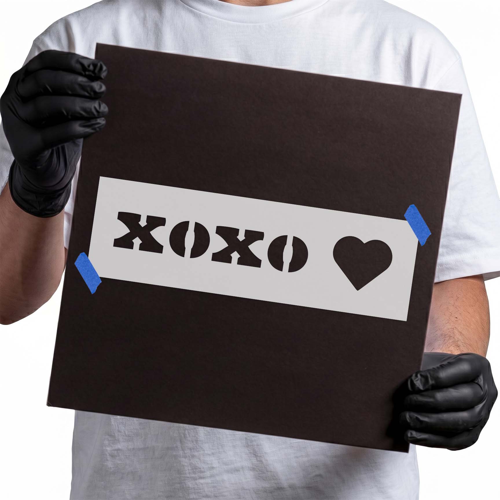 XOXO stencil lettering with a solid heart design