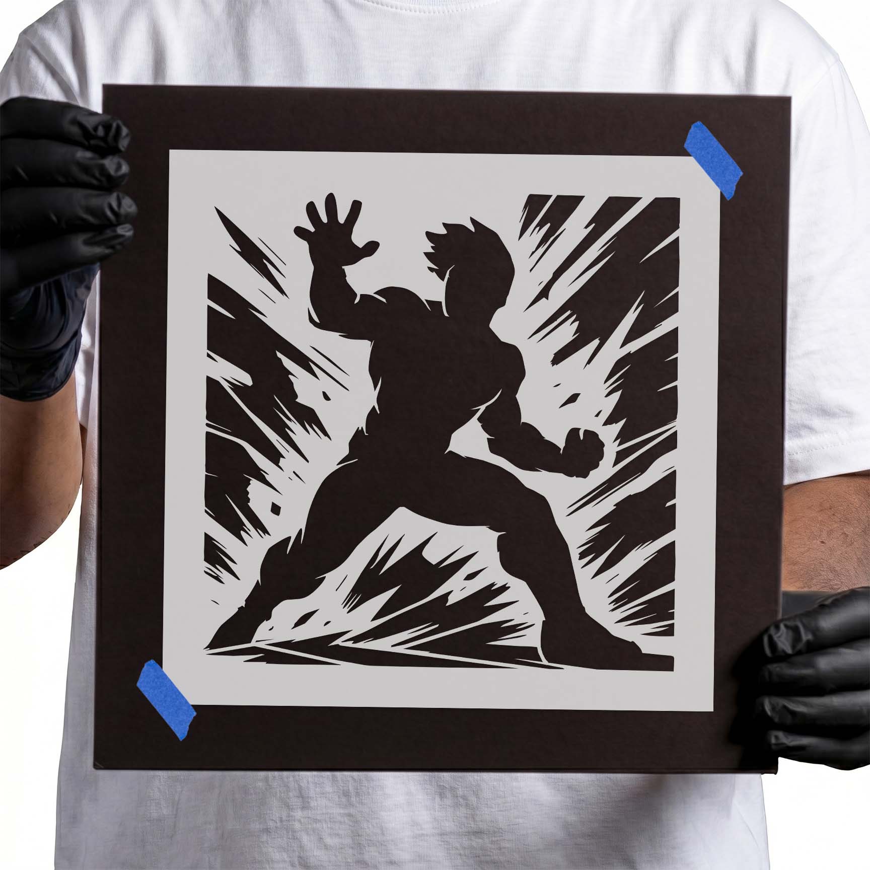 Superhero silhouette stencil in powerful action pose with burst lines
