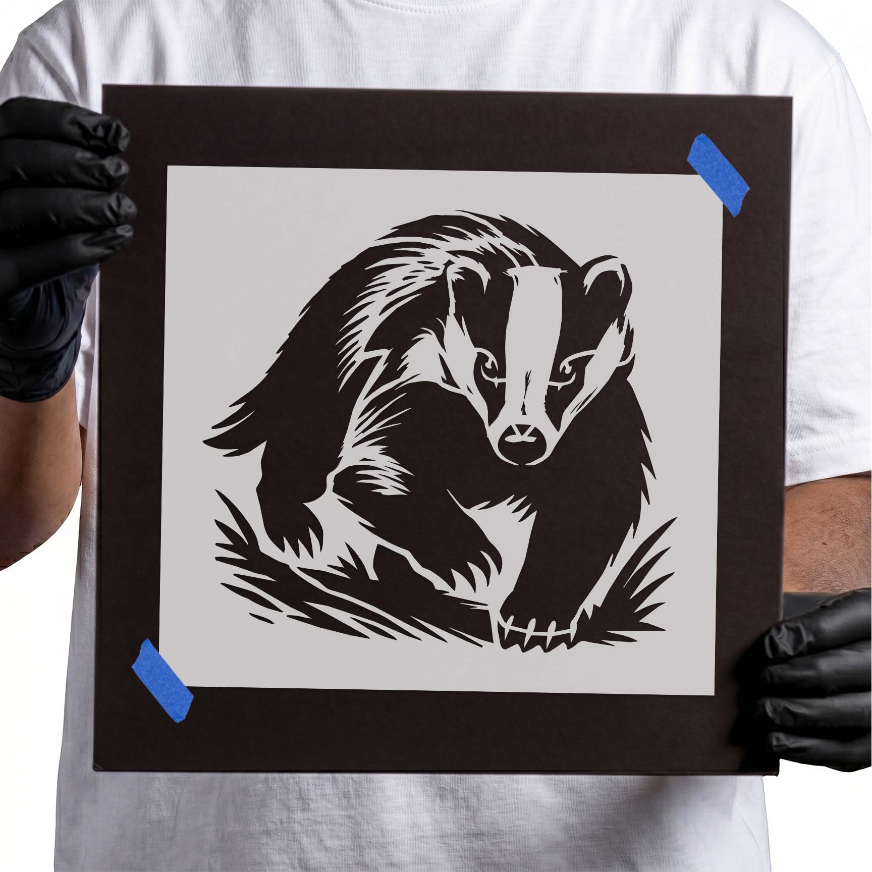 Detailed badger stencil with distinctive striped face and natural walking pose
