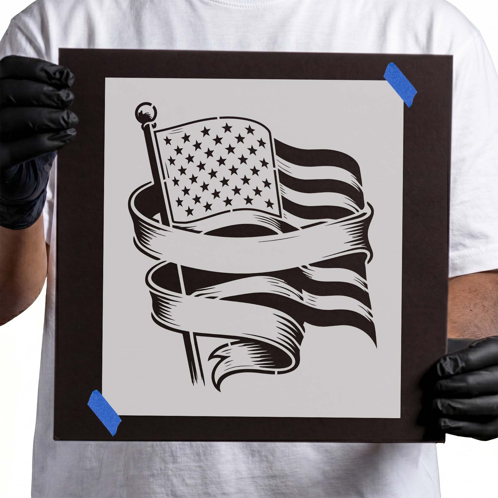 Waving American flag with flowing ribbon banner stencil
