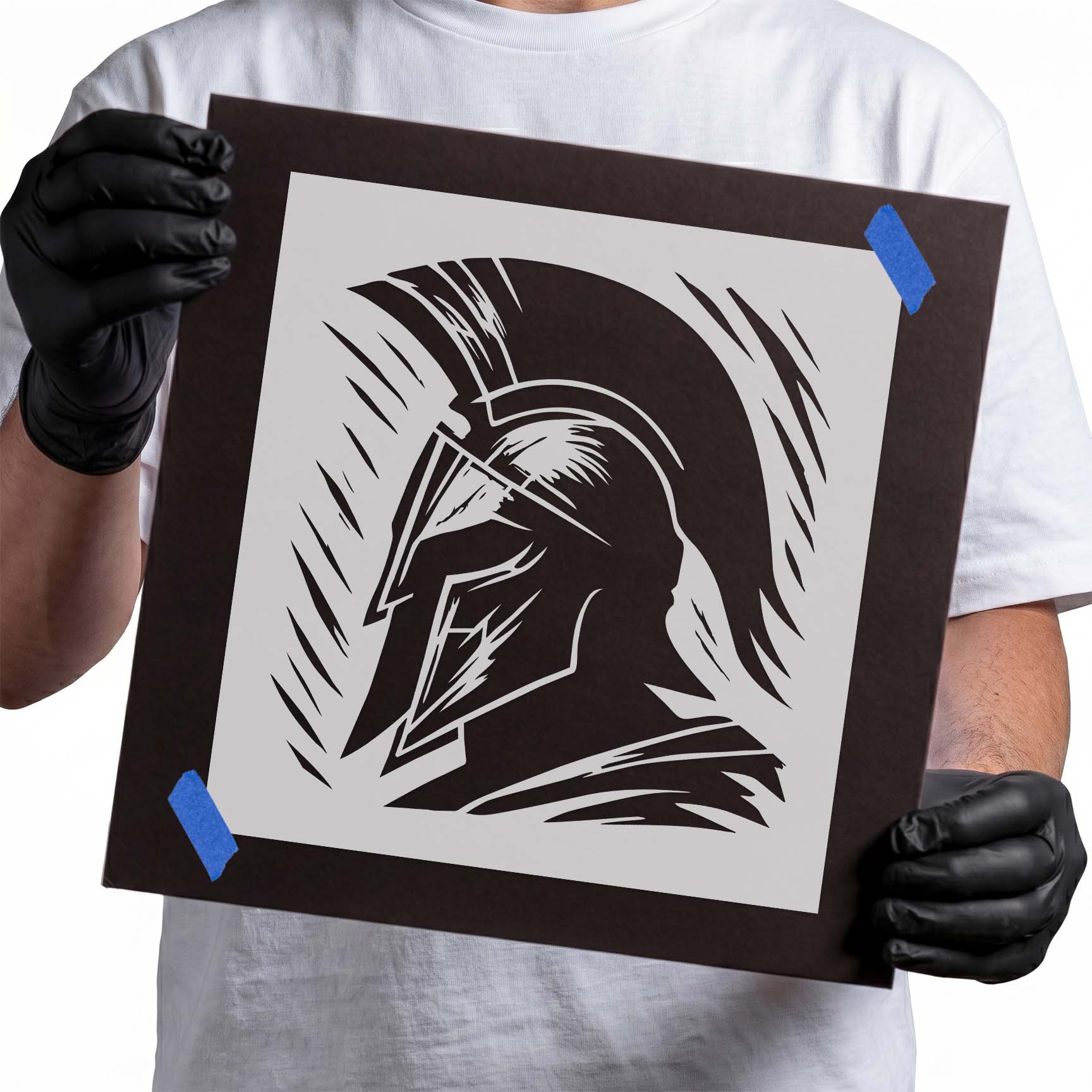 Ancient Spartan warrior helmet profile with sweeping crest stencil