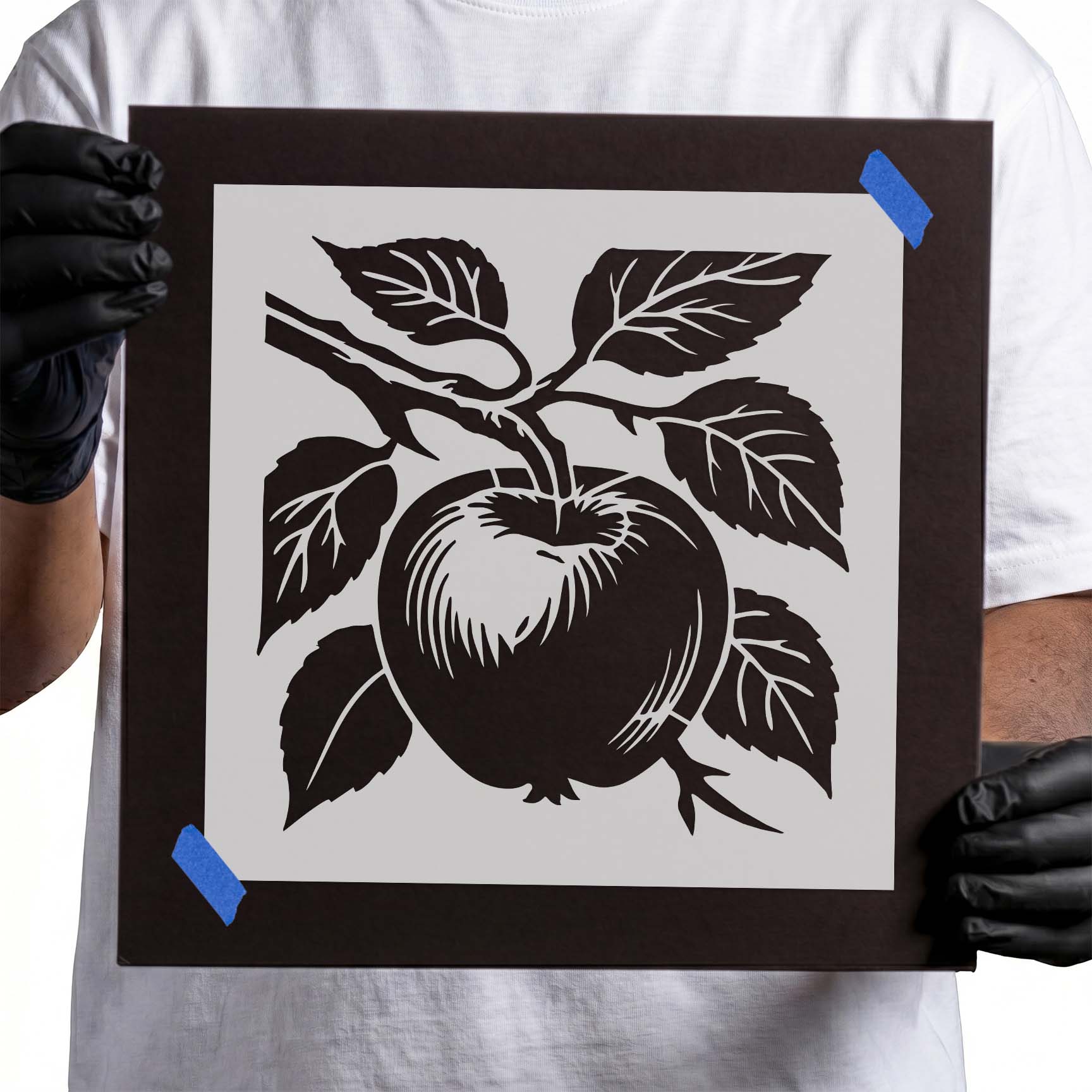Apple hanging from leafy tree branch botanical stencil