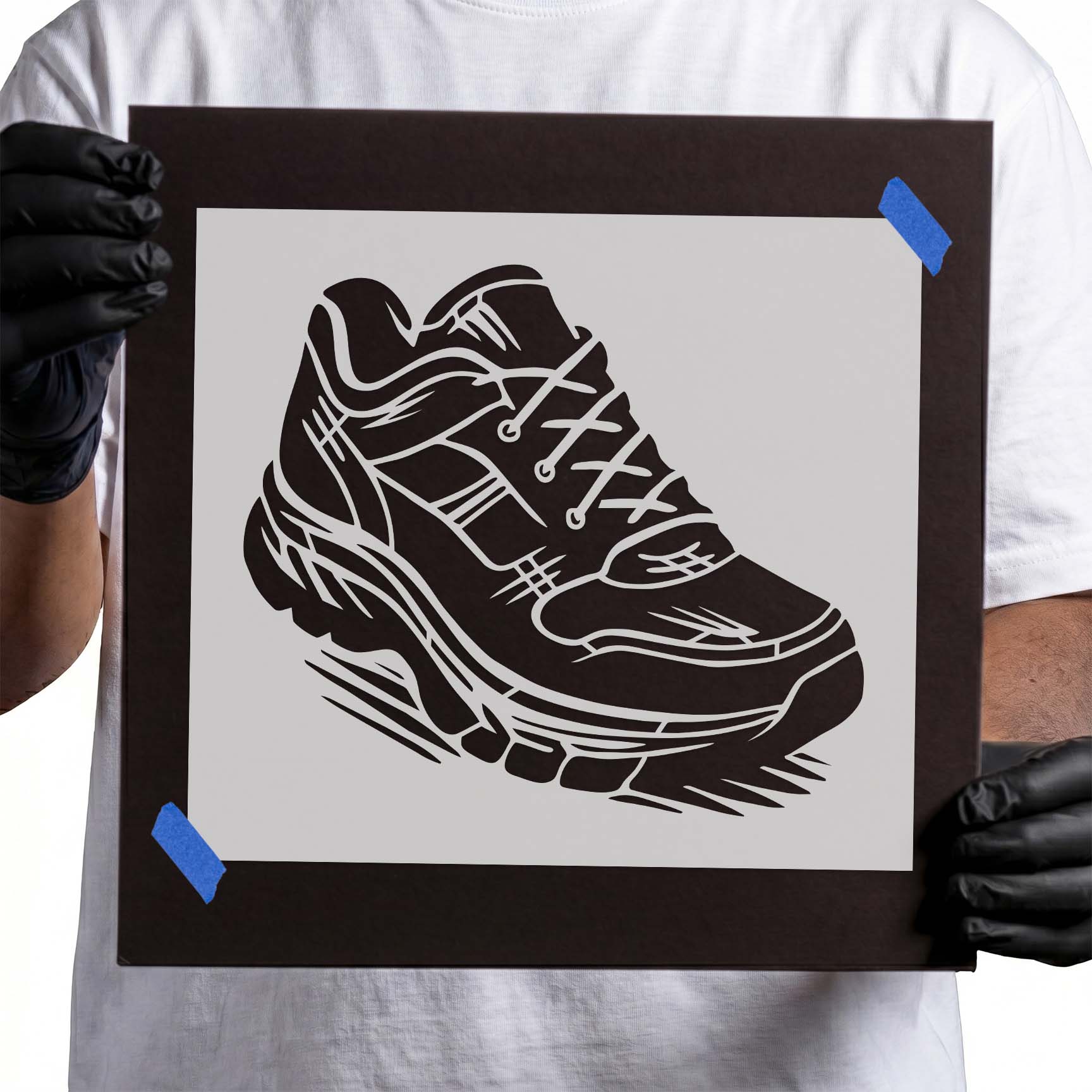 Athletic running shoe stencil with detailed lace-up sneaker design