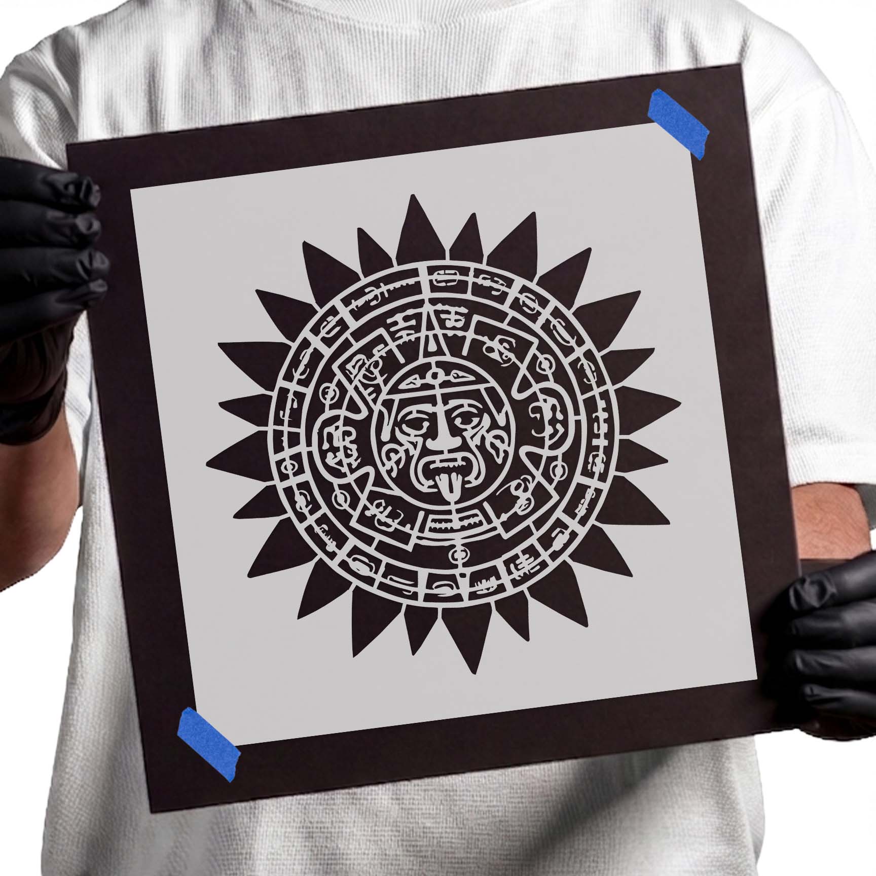 Intricate Aztec Sun Calendar stencil featuring a traditional Mesoamerican circular design with detailed glyphs, central face, and bold radiating sun rays
