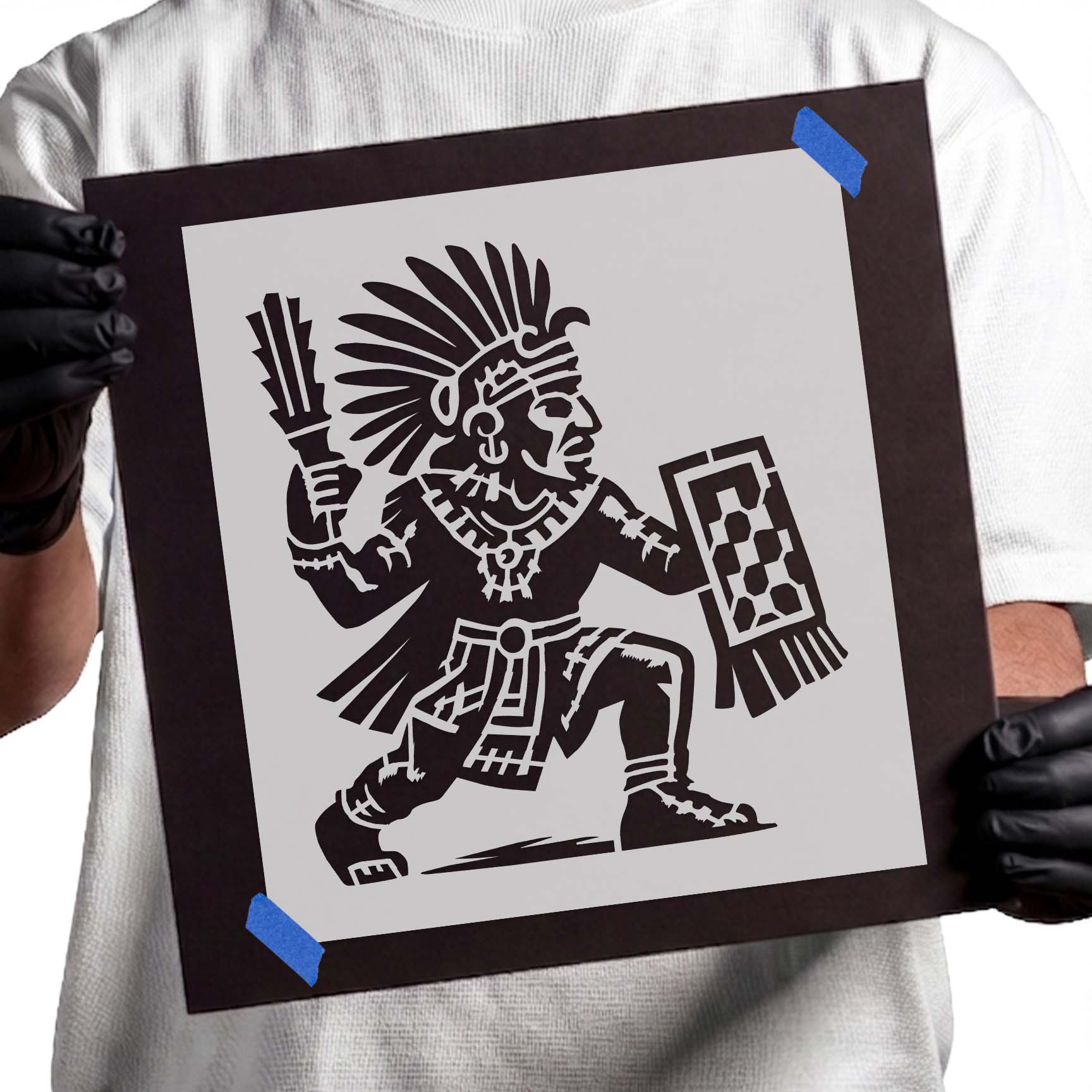 Aztec warrior with shield and feathered headdress stencil