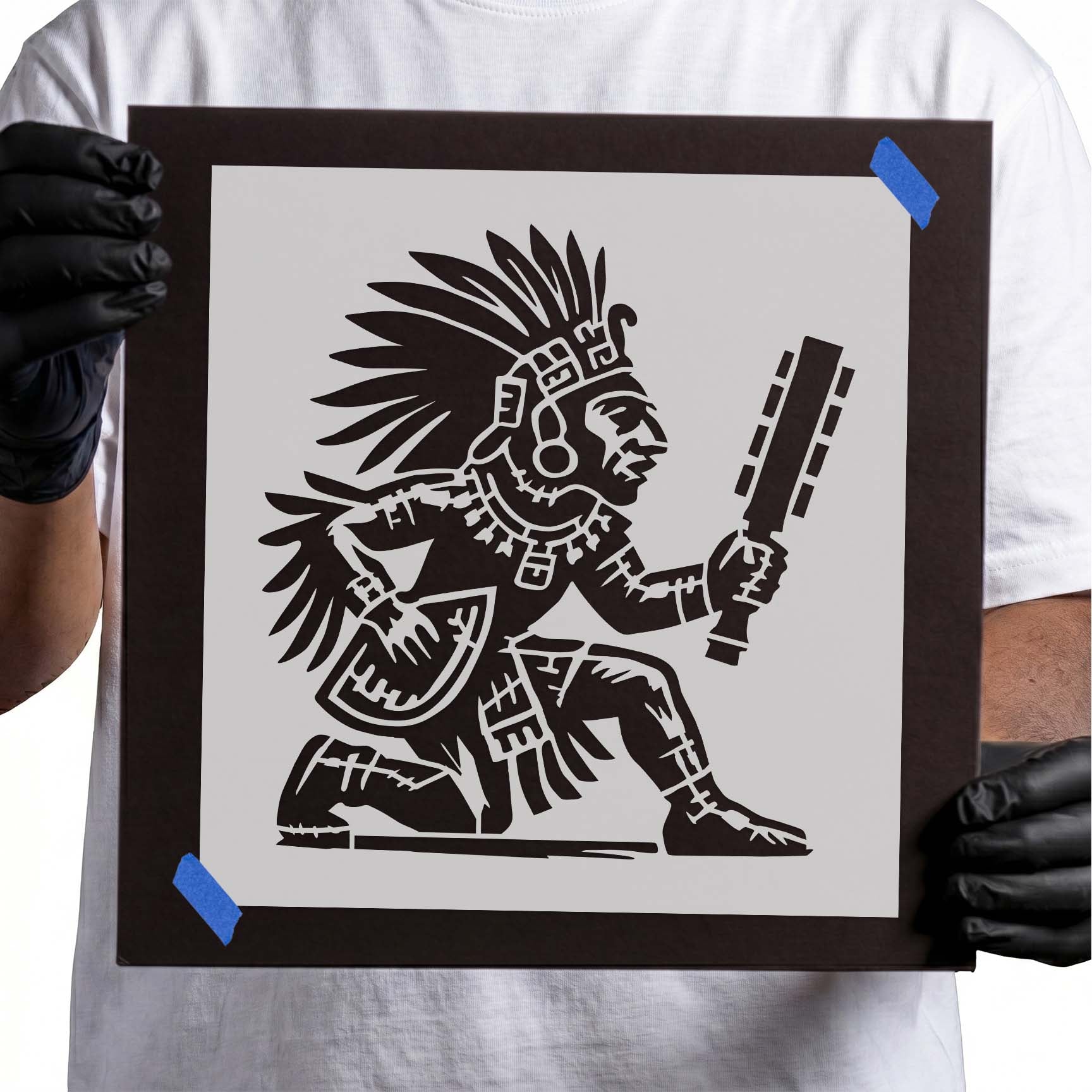 Aztec warrior with feathered headdress reusable Mylar stencil
