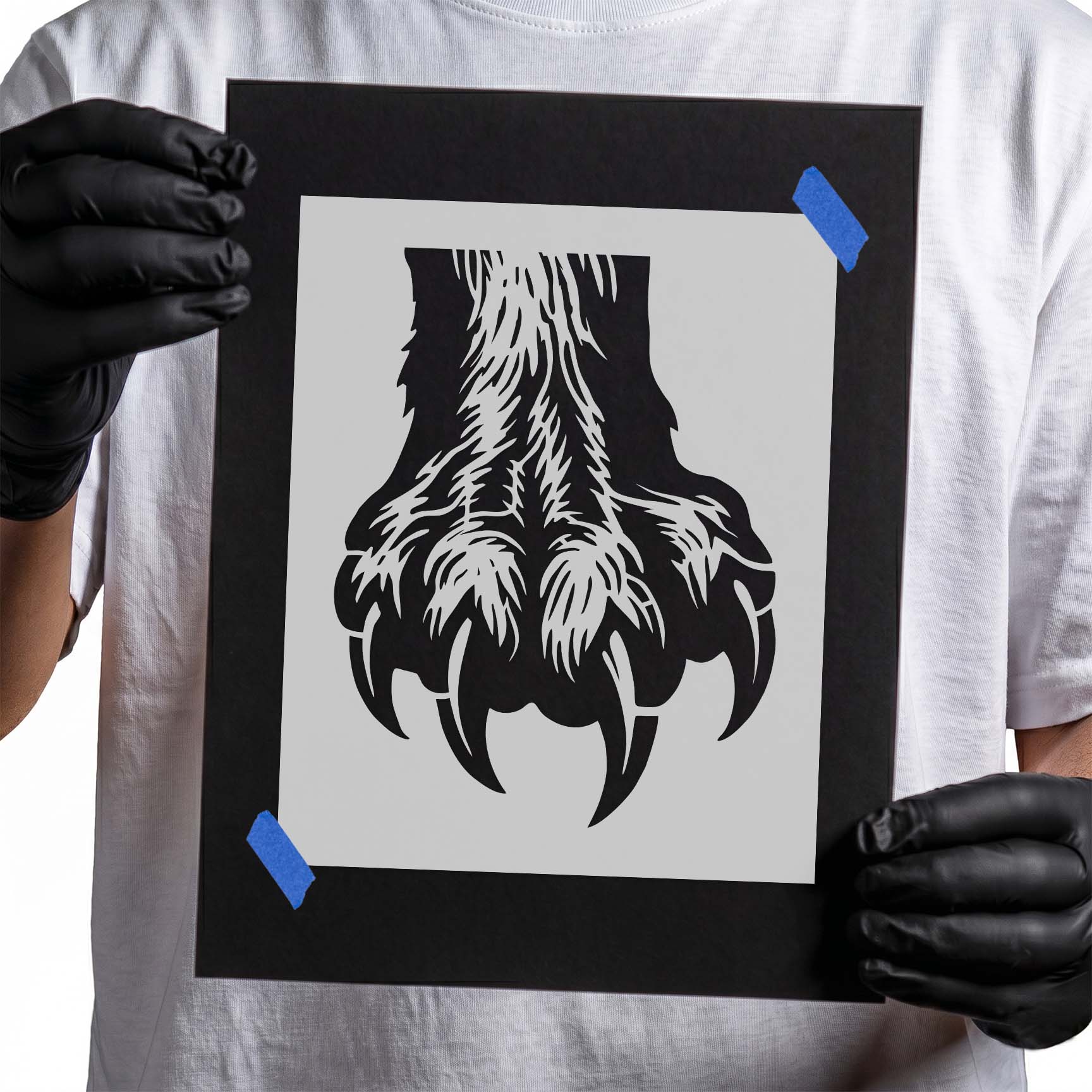 Detailed bear claw paw stencil featuring a realistic furry paw with sharp extended claws