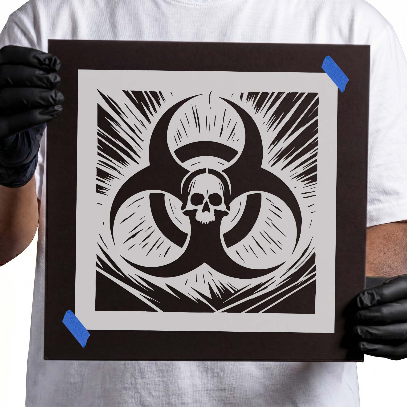 Biohazard symbol with centered skull stencil design
