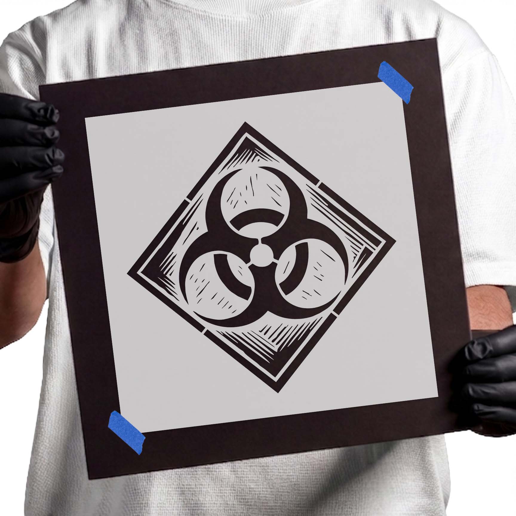 Biohazard warning stencil inside a diamond frame
