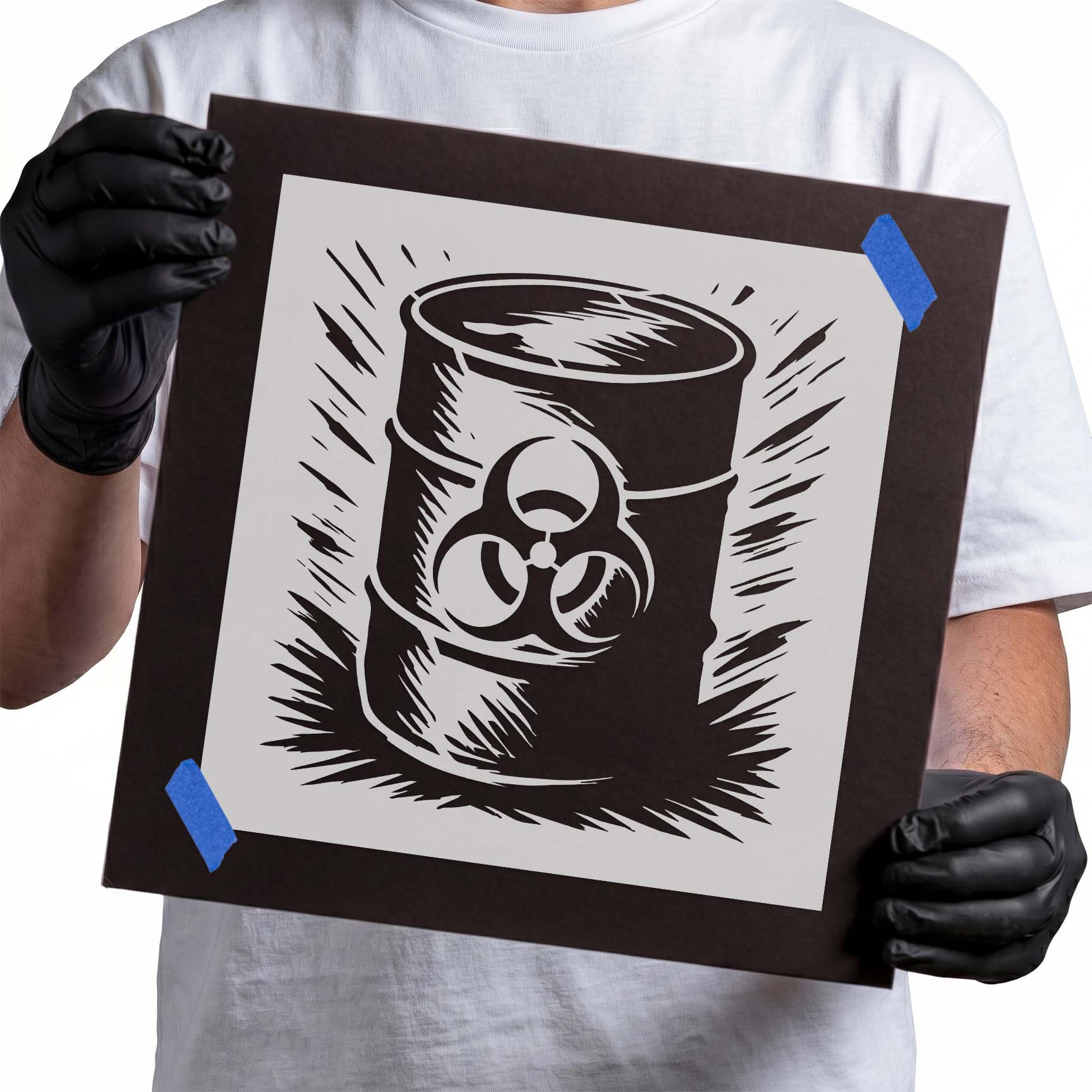 Biohazard waste barrel stencil with industrial hazard symbol
