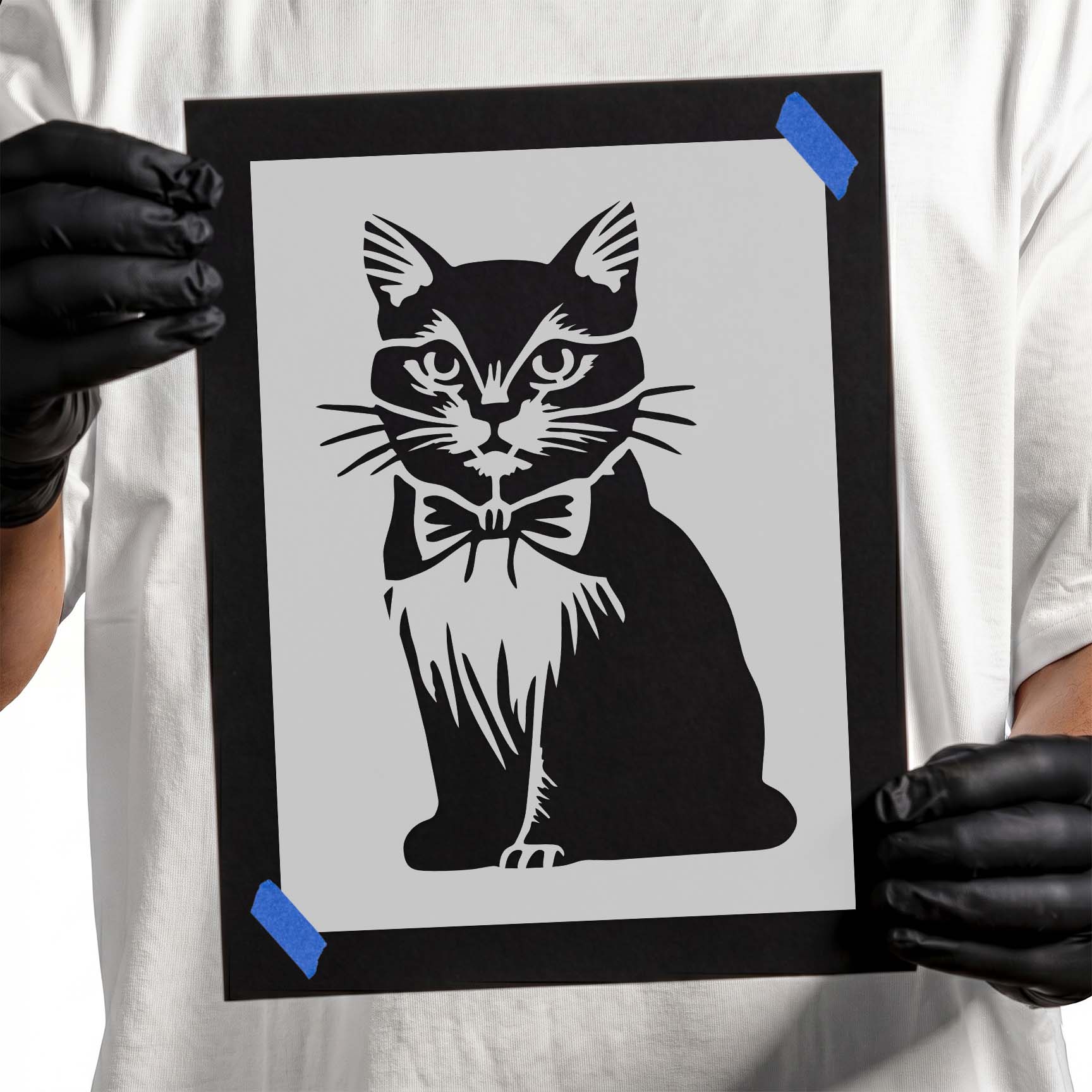 Sitting cat wearing a bow tie stencil design
