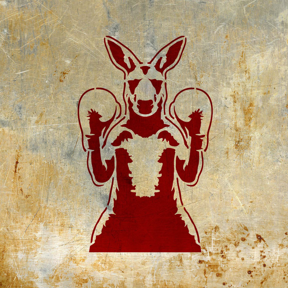 Boxing Kangaroo Stencil painted in red on distressed metal surface