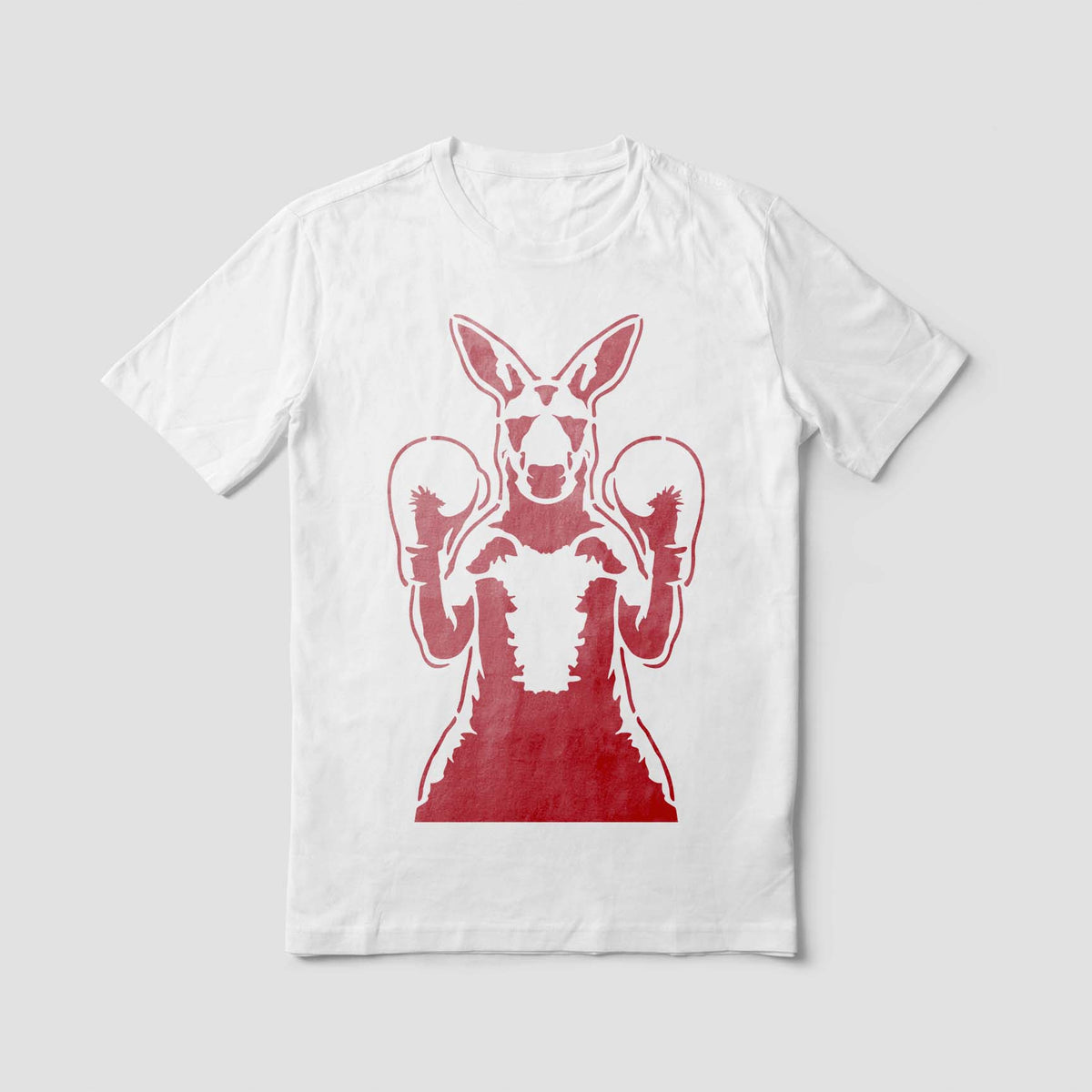 Boxing Kangaroo Stencil printed in red on white shirt