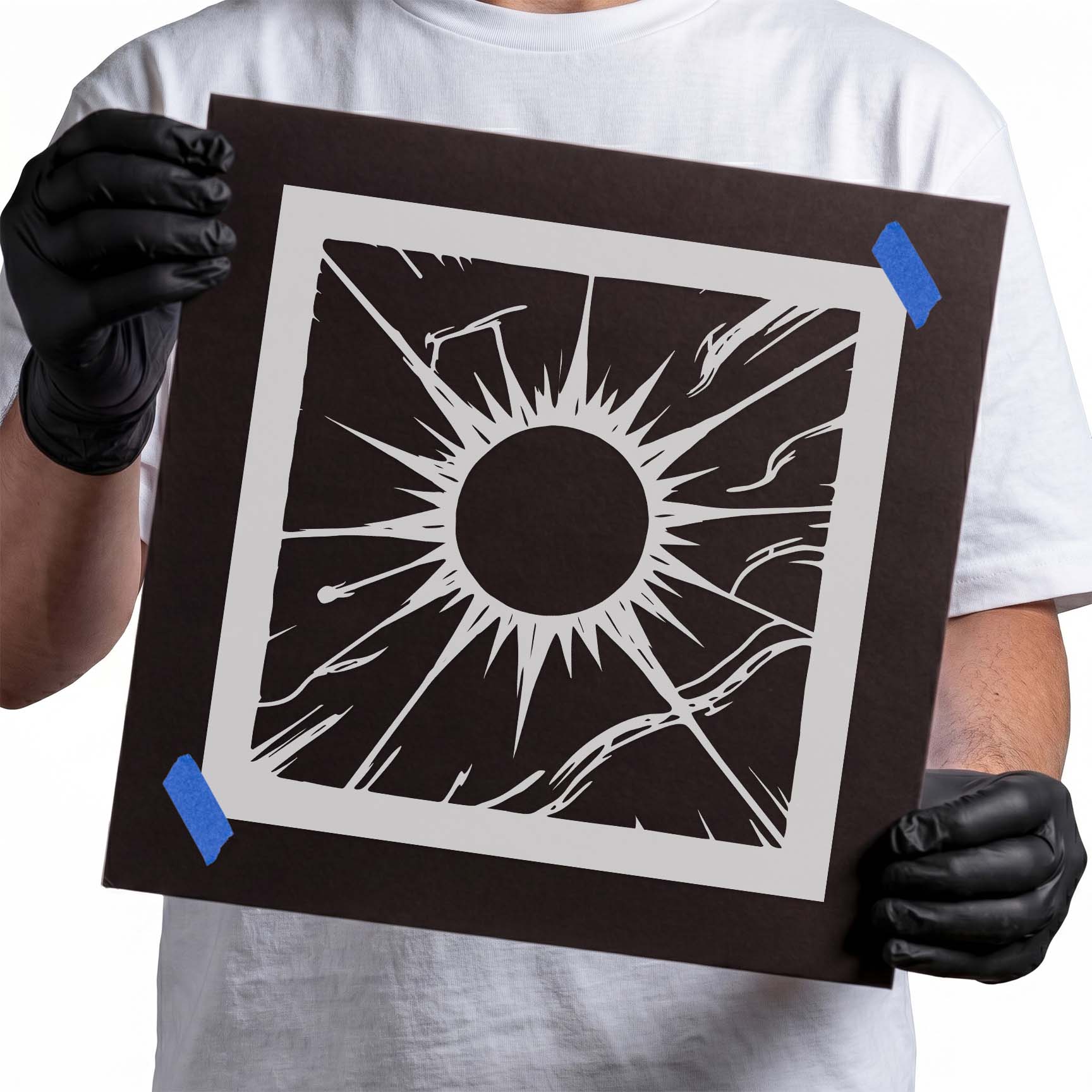 Celestial corona stencil with radiant rays and flowing cosmic accents
