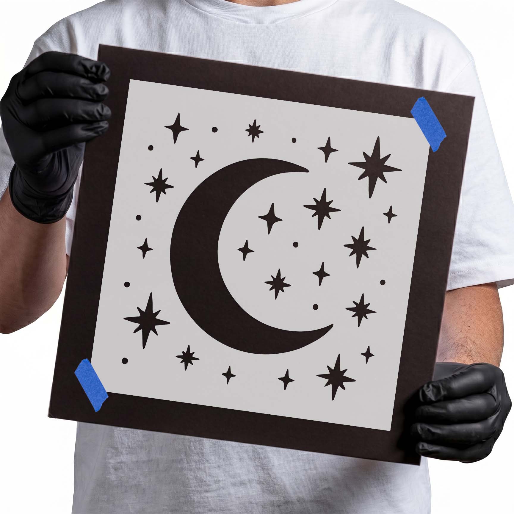 Crescent moon surrounded by twinkling stars celestial stencil design
