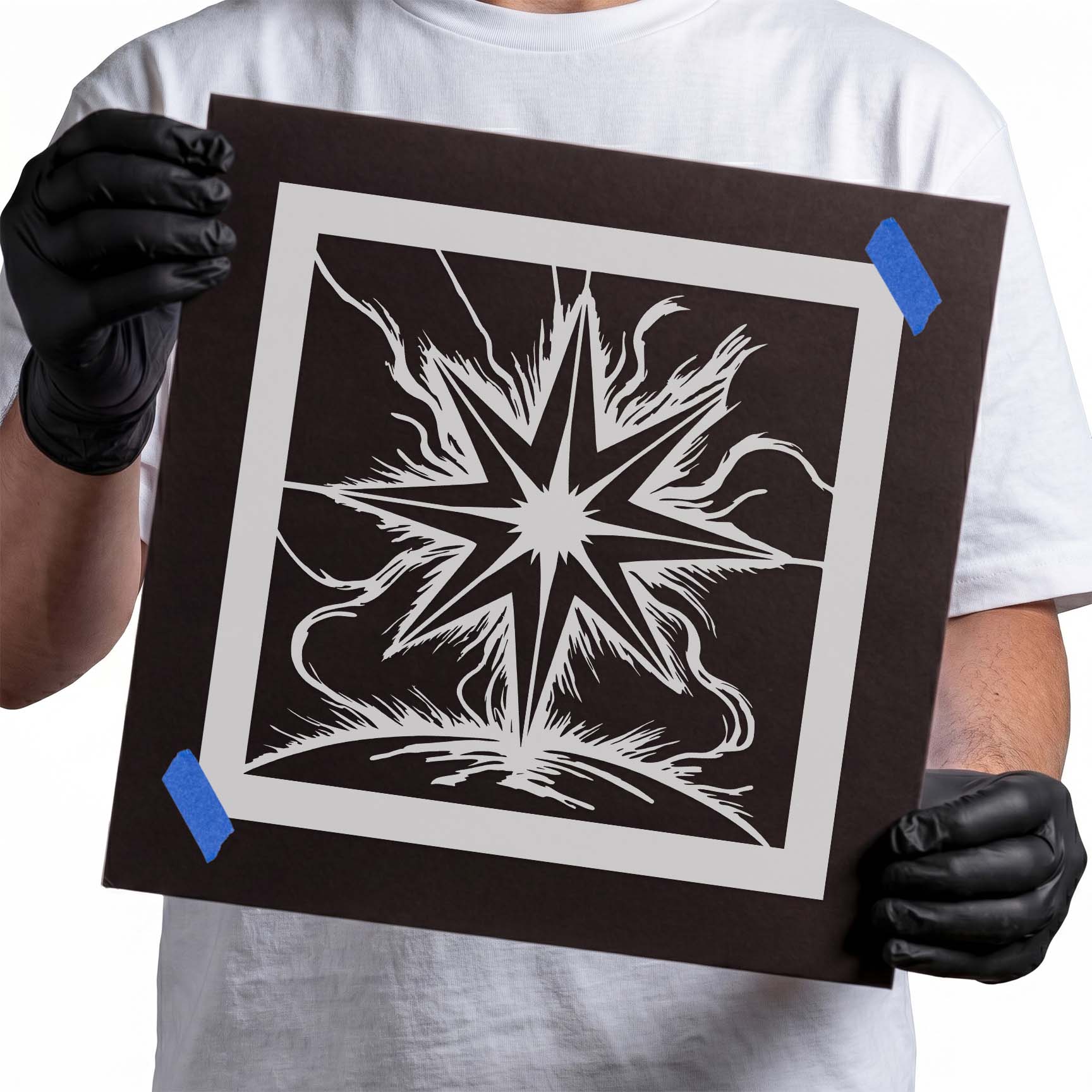 Eight-point starburst stencil with flowing celestial design