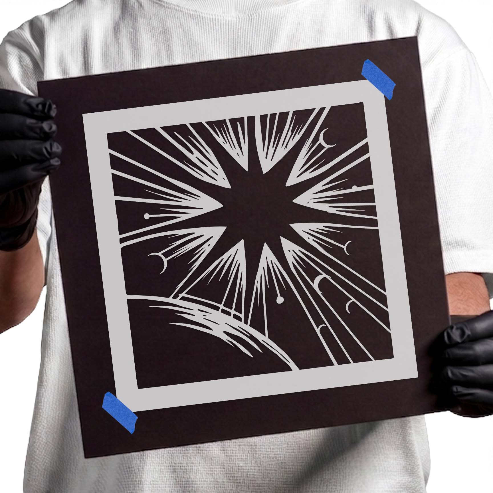 Radiant sunburst above a celestial horizon with moon phases stencil
