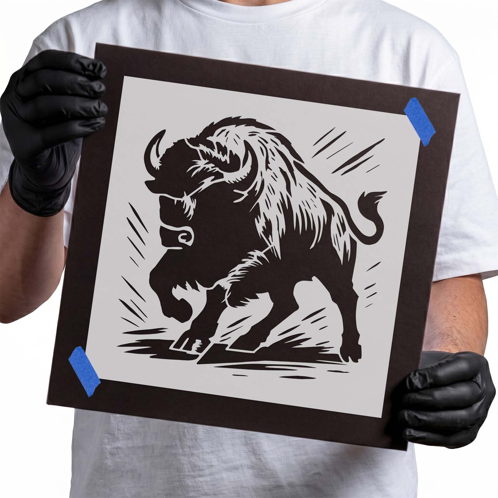 Charging bison with motion lines stencil
