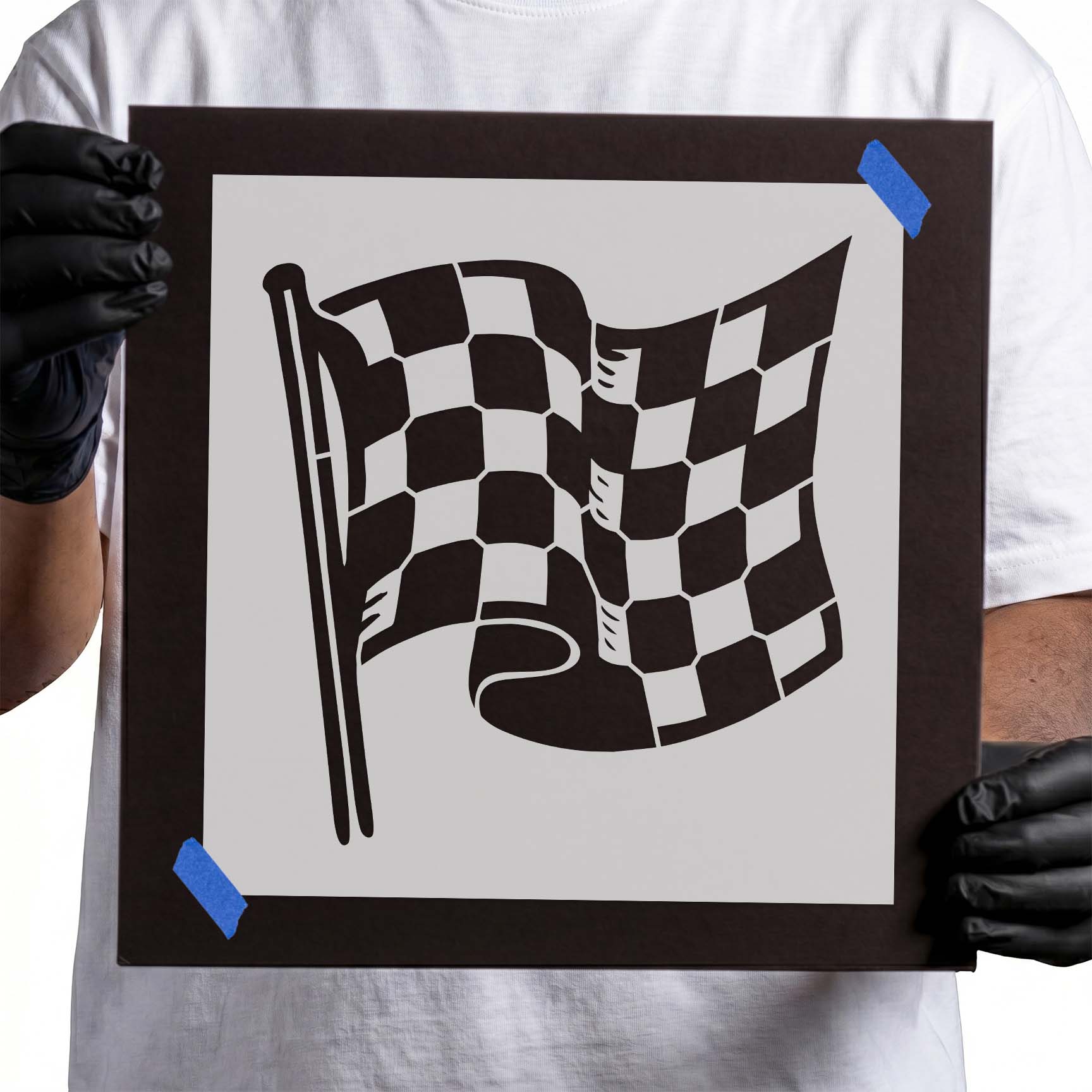 Checkered racing flag stencil with waving finish line flag design