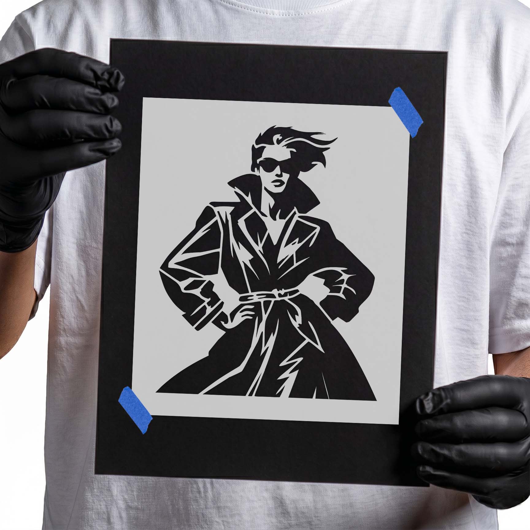 Stylish woman wearing sunglasses and a belted trench coat stencil
