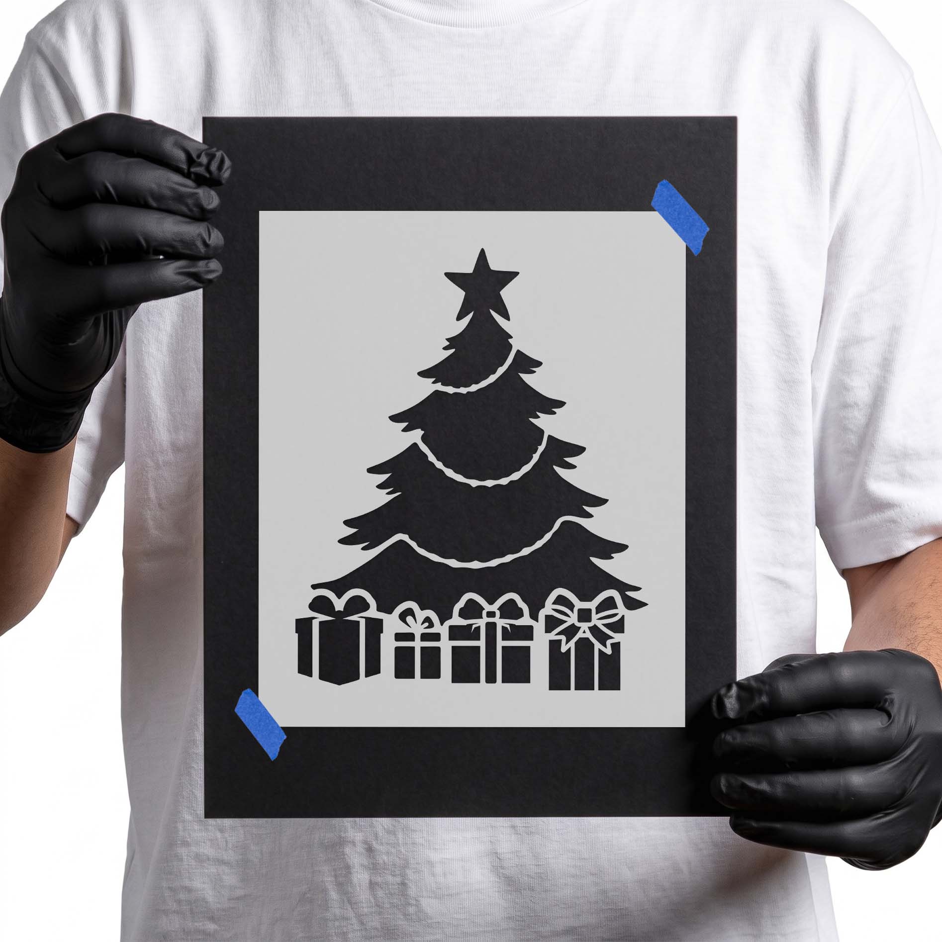 Christmas Tree with Presents Stencil featuring a decorated evergreen tree with wrapped gifts