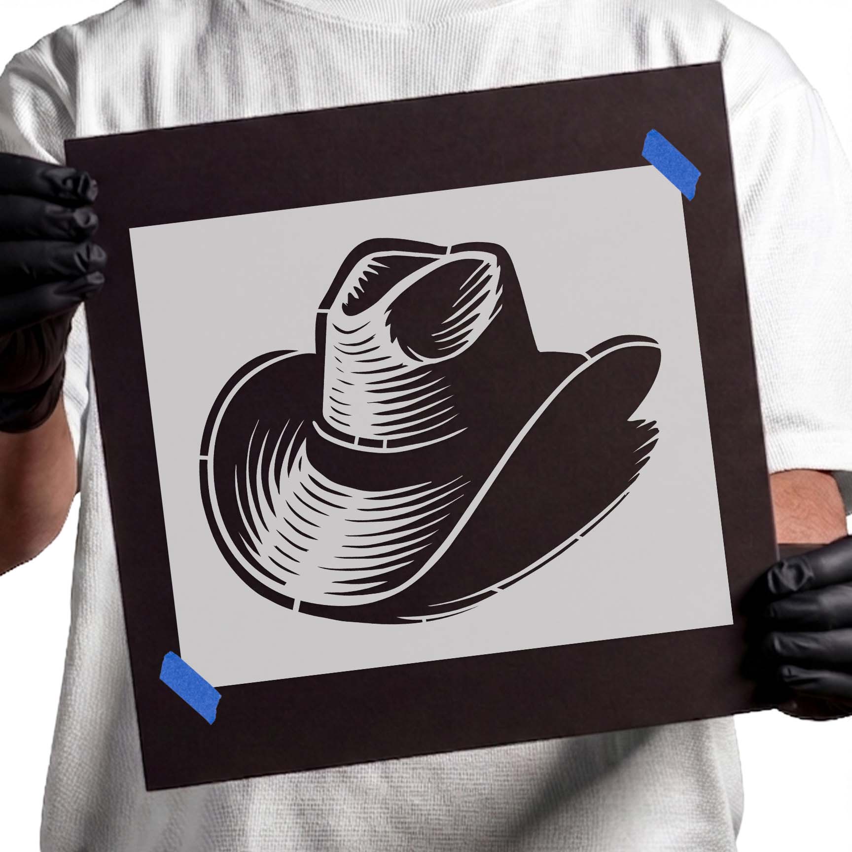 Bold cowboy hat stencil featuring a classic Western hat silhouette with detailed curved brim and crown design