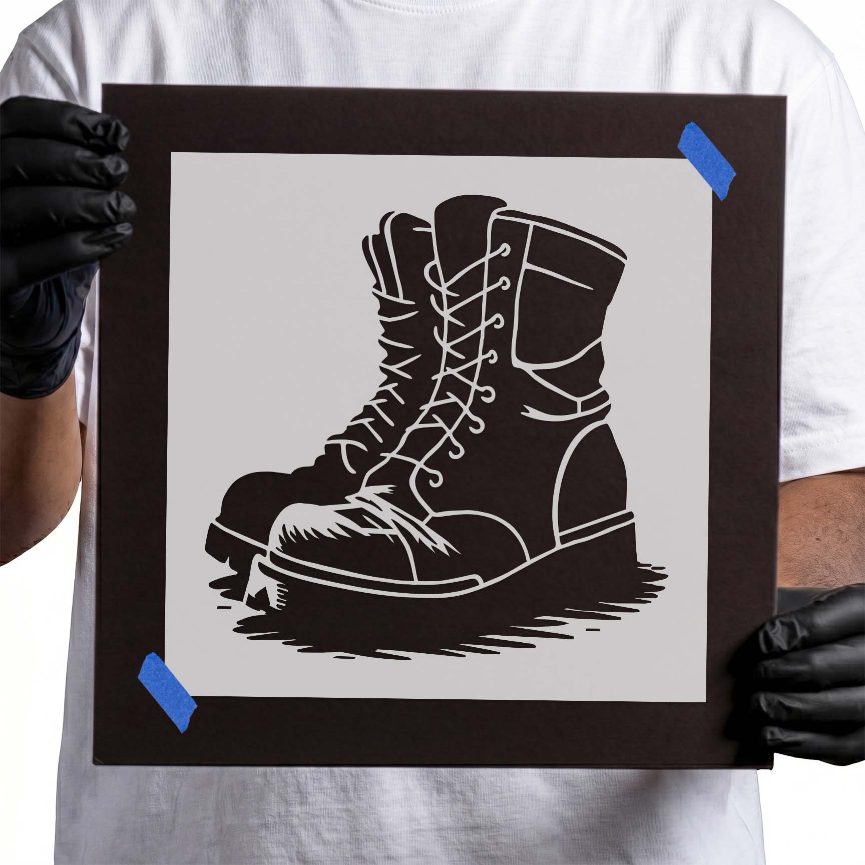Combat lace-up boots stencil with rugged military boot design