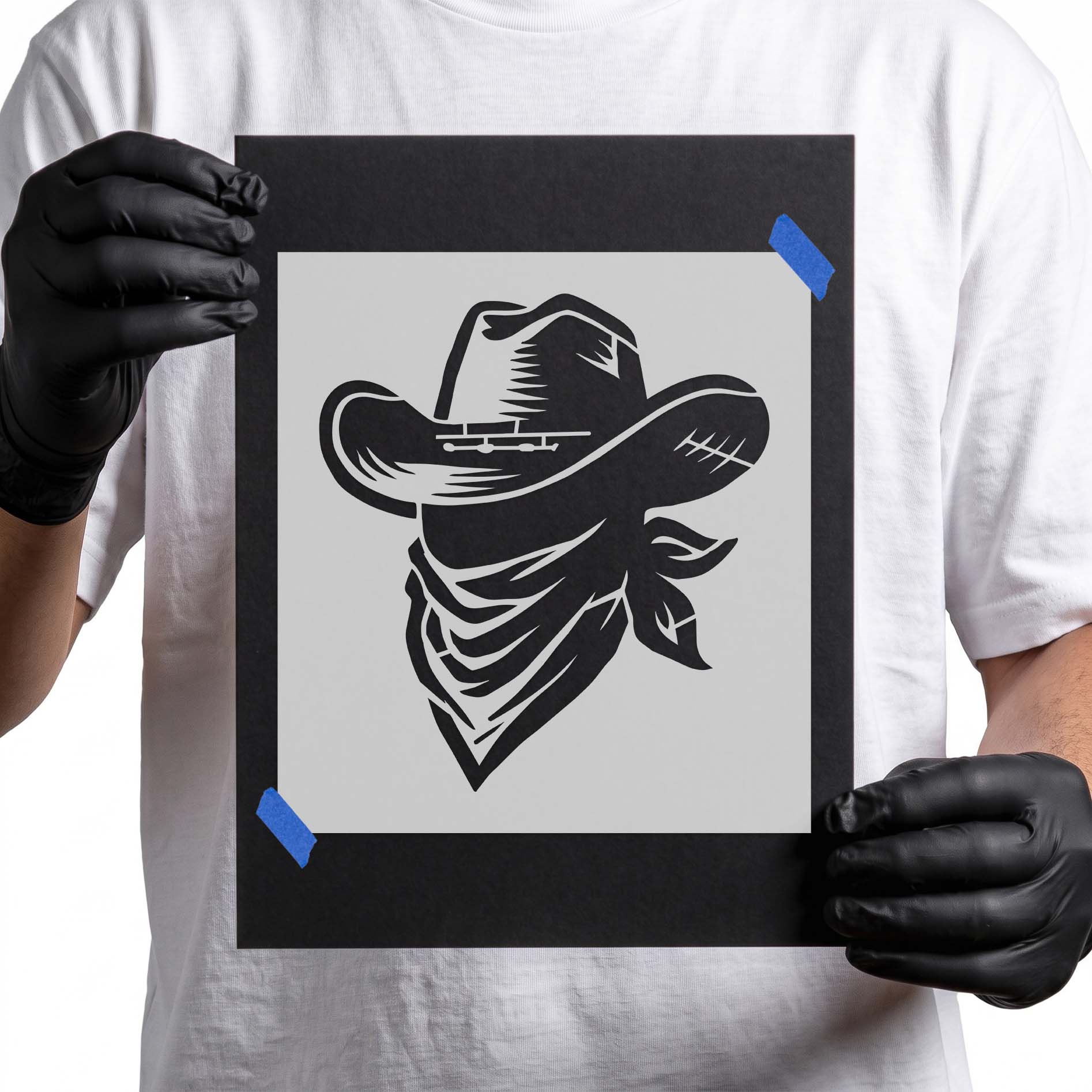 Classic cowboy hat stencil with flowing bandana