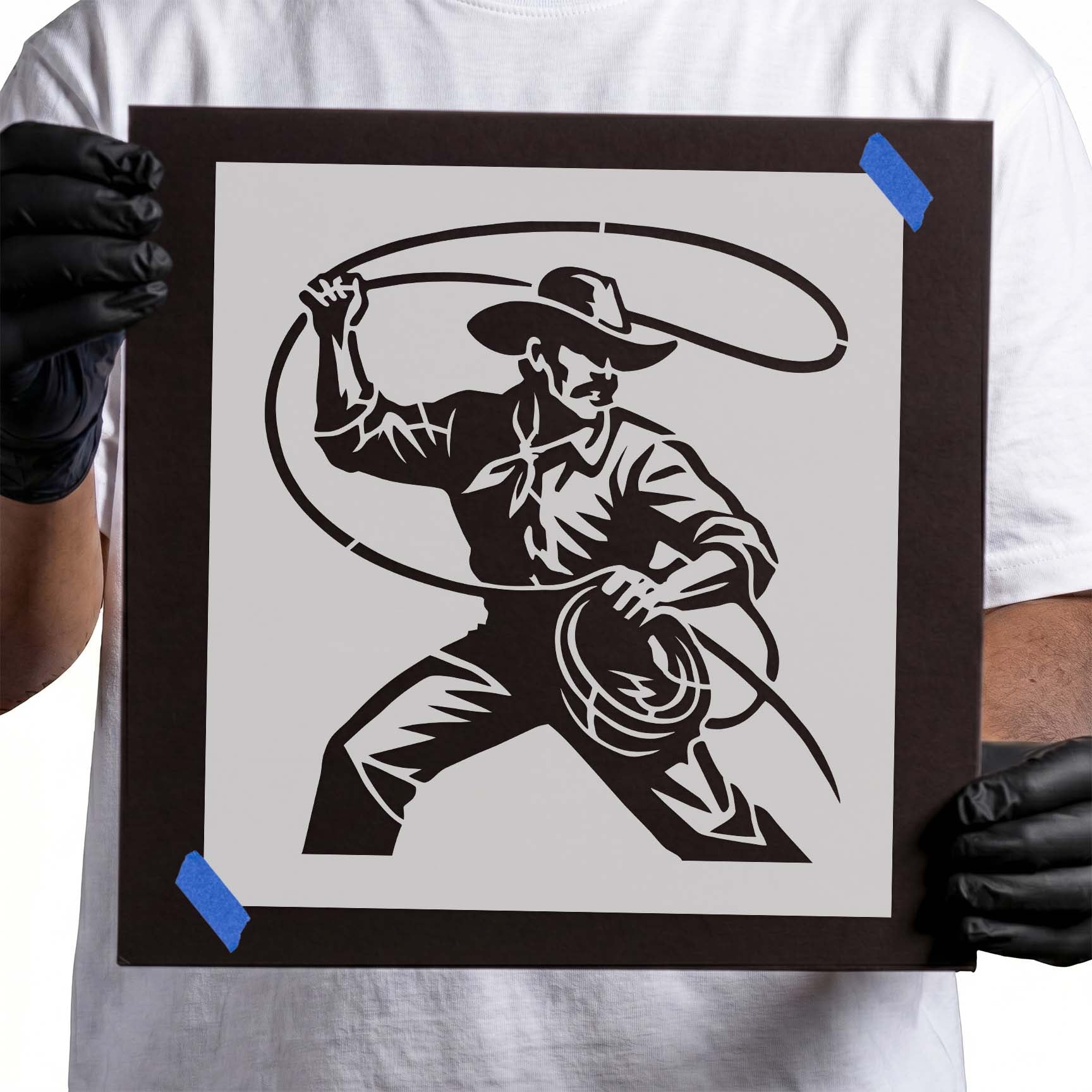 Cowboy swinging a lasso stencil design