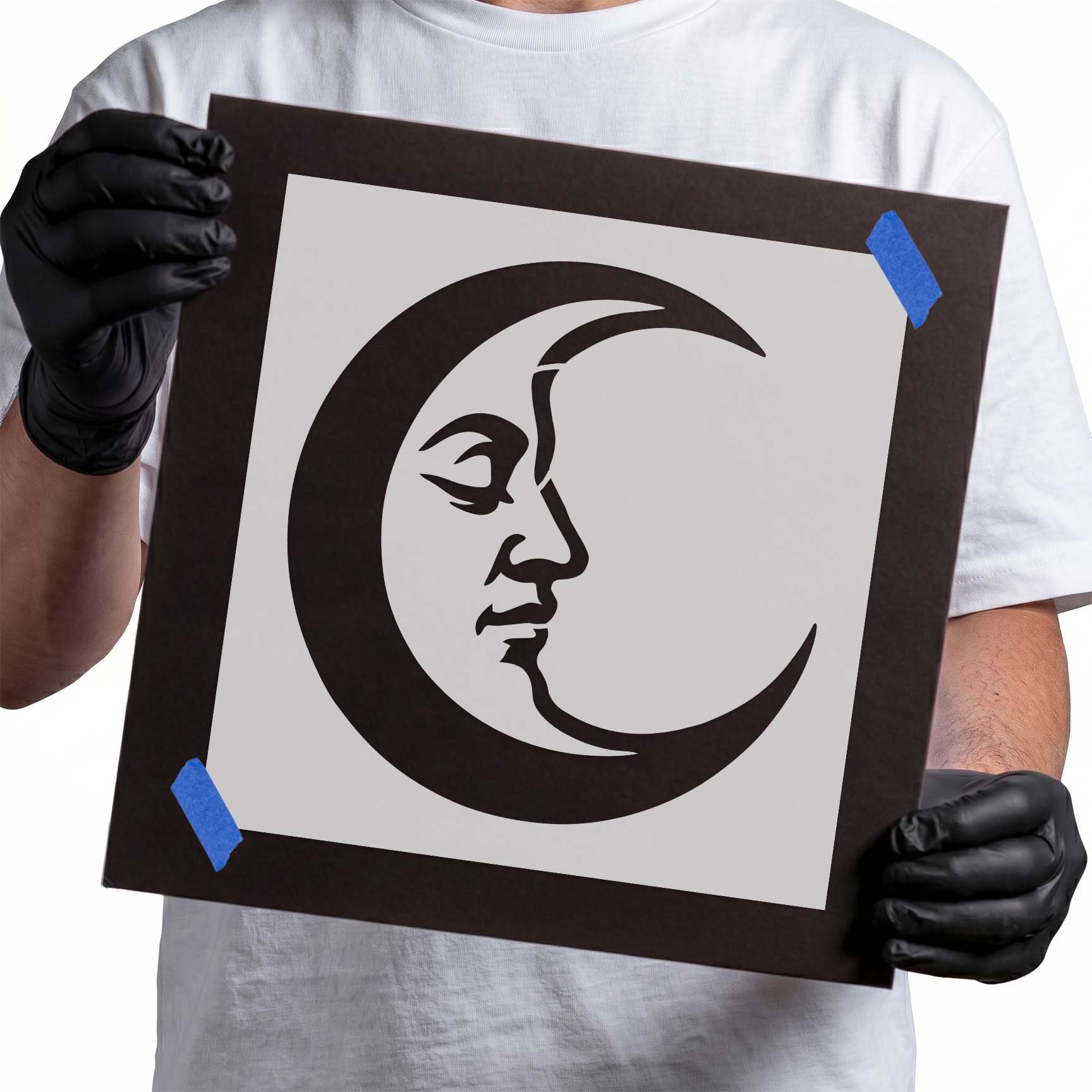 Elegant crescent moon stencil featuring a peaceful human face with celestial-inspired details