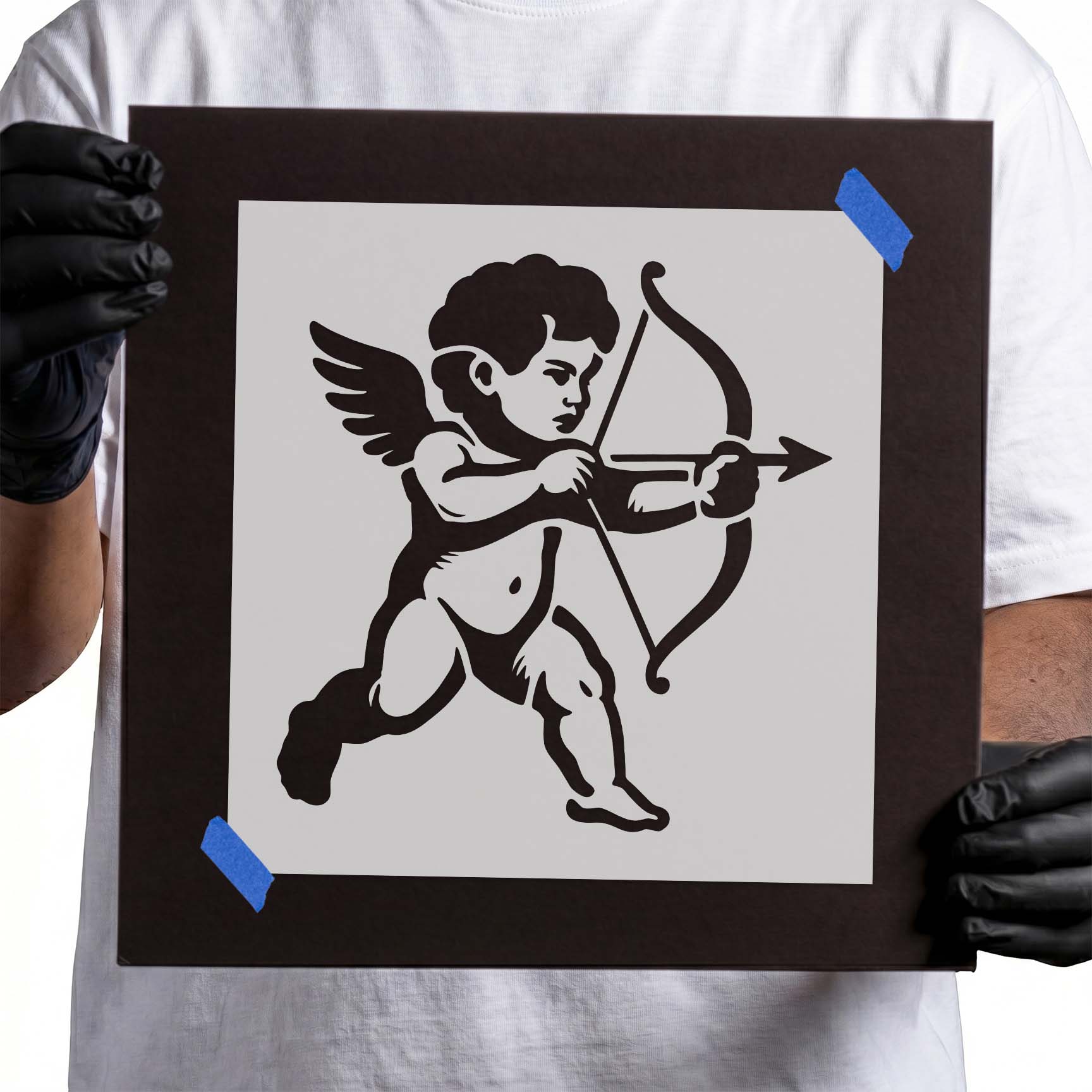 Cupid Cherub Stencil featuring a winged cherub aiming a bow and arrow.
