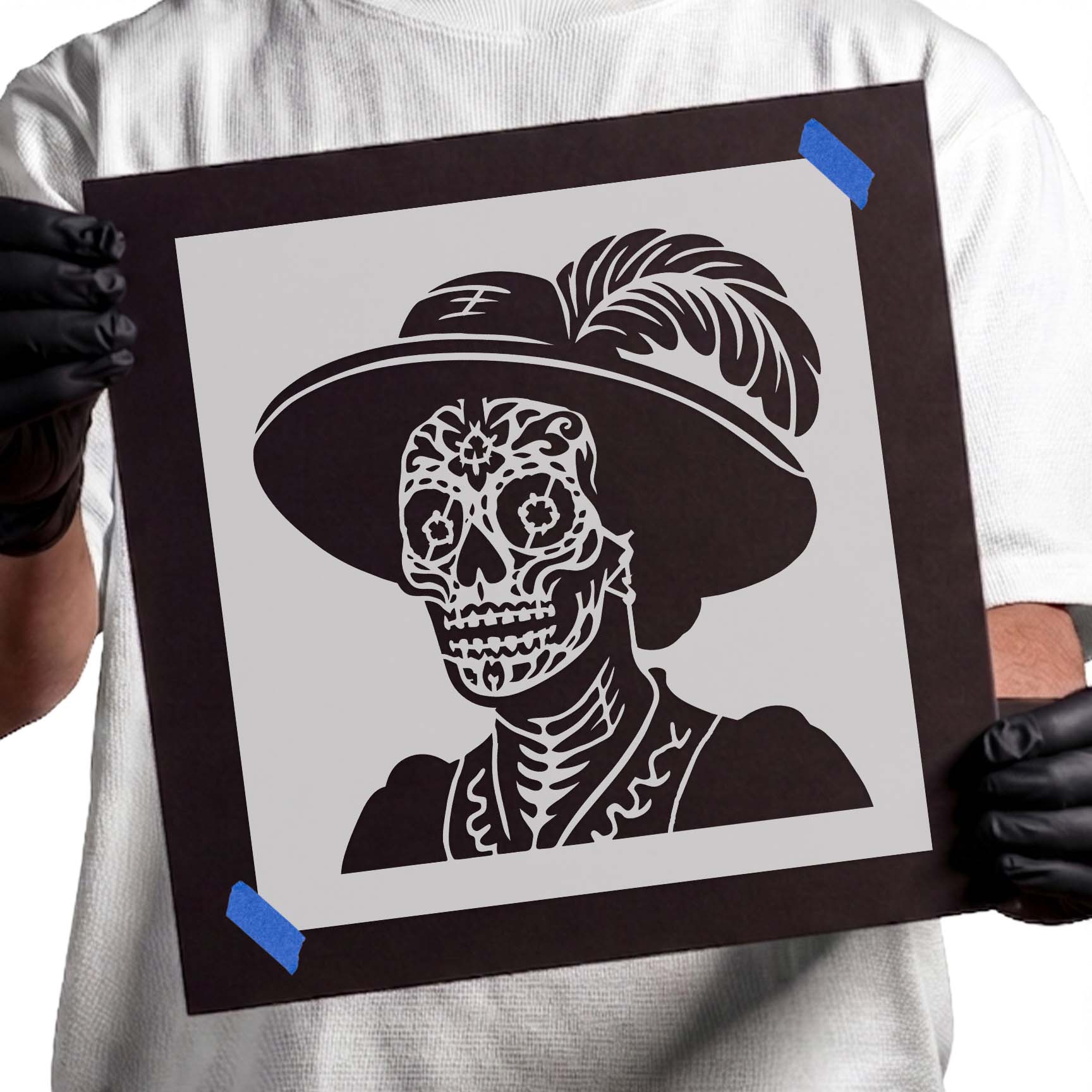 Day of the Dead lady sugar skull portrait with feathered hat stencil
