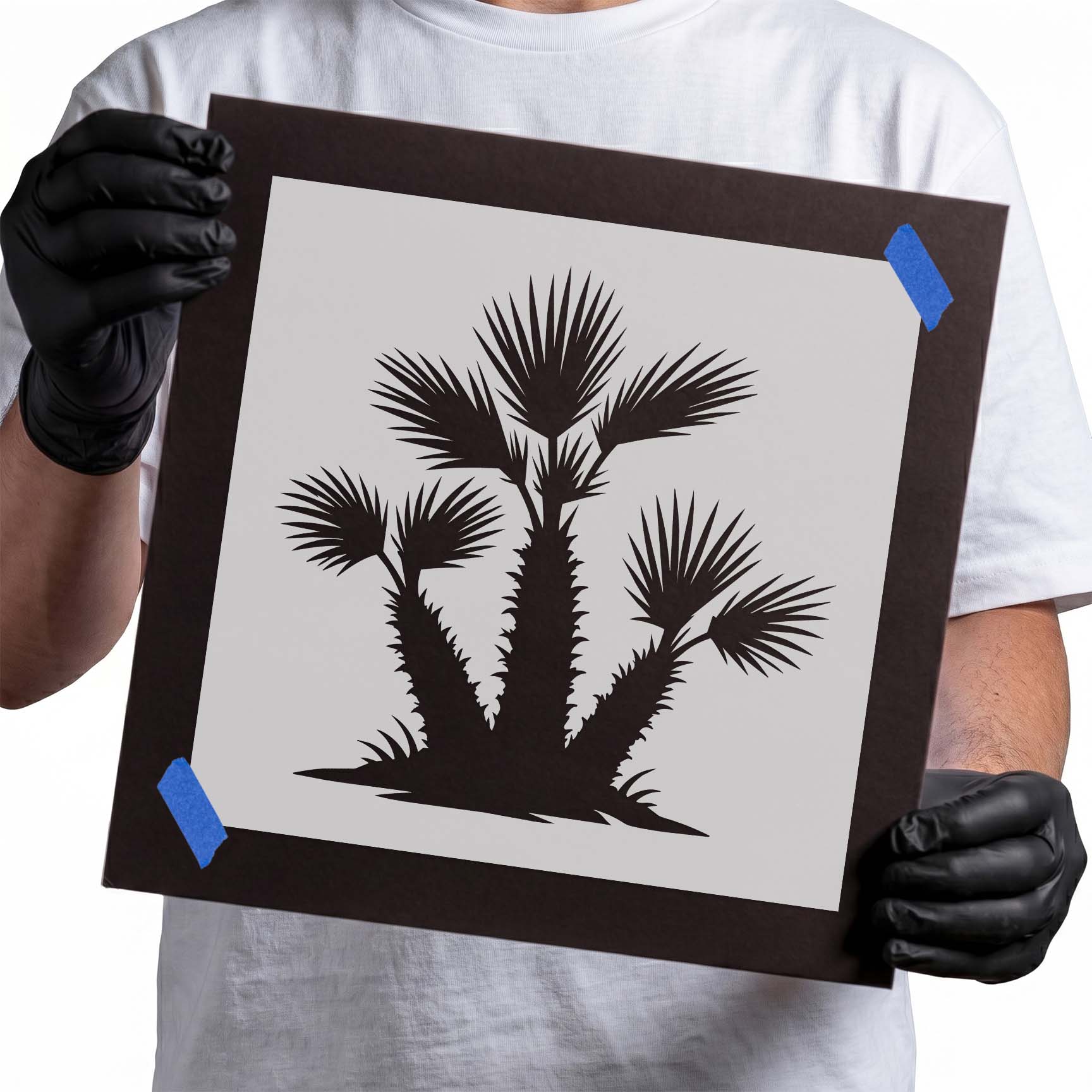Cluster of fan palm trees stencil with textured trunks and foliage
