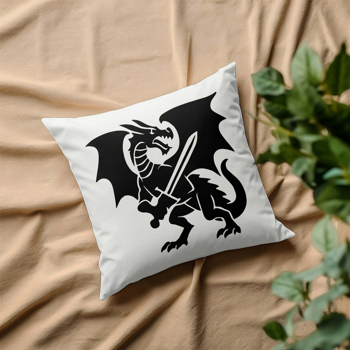 Bold fantasy artwork takes shape with the Dragon Knight Stencil, featuring a winged dragon on a white pillow.