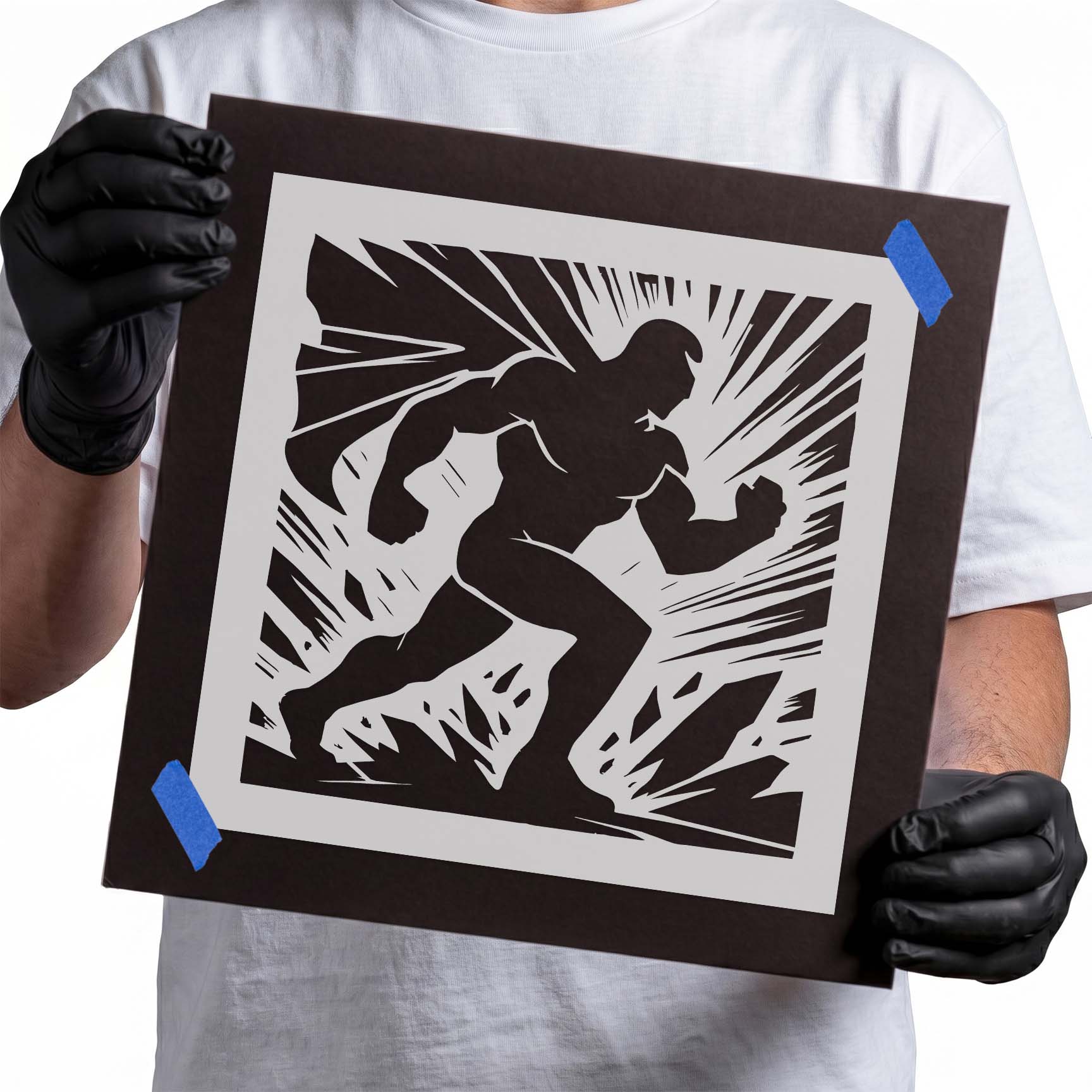 Running superhero silhouette stencil with dramatic action burst rays