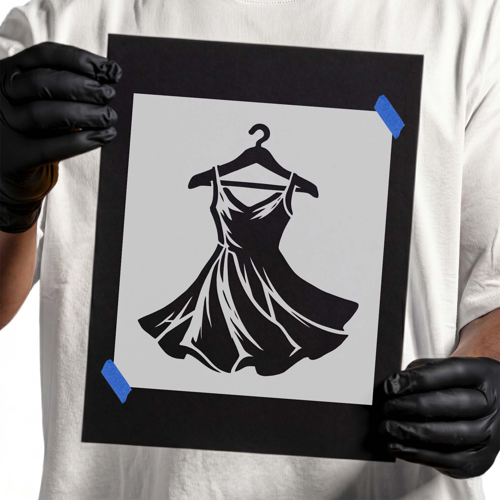 Elegant dress hanging on a clothing hanger stencil
