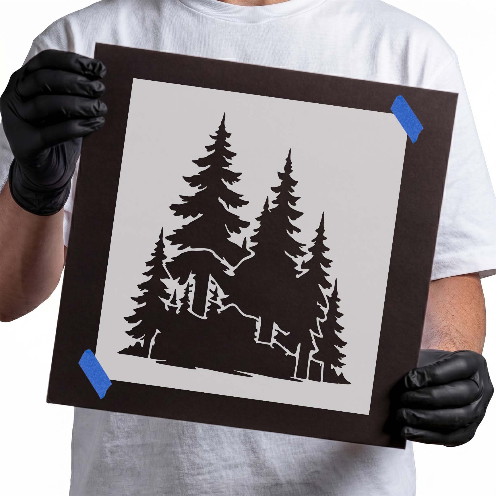Cluster of evergreen trees on a woodland hillside stencil
