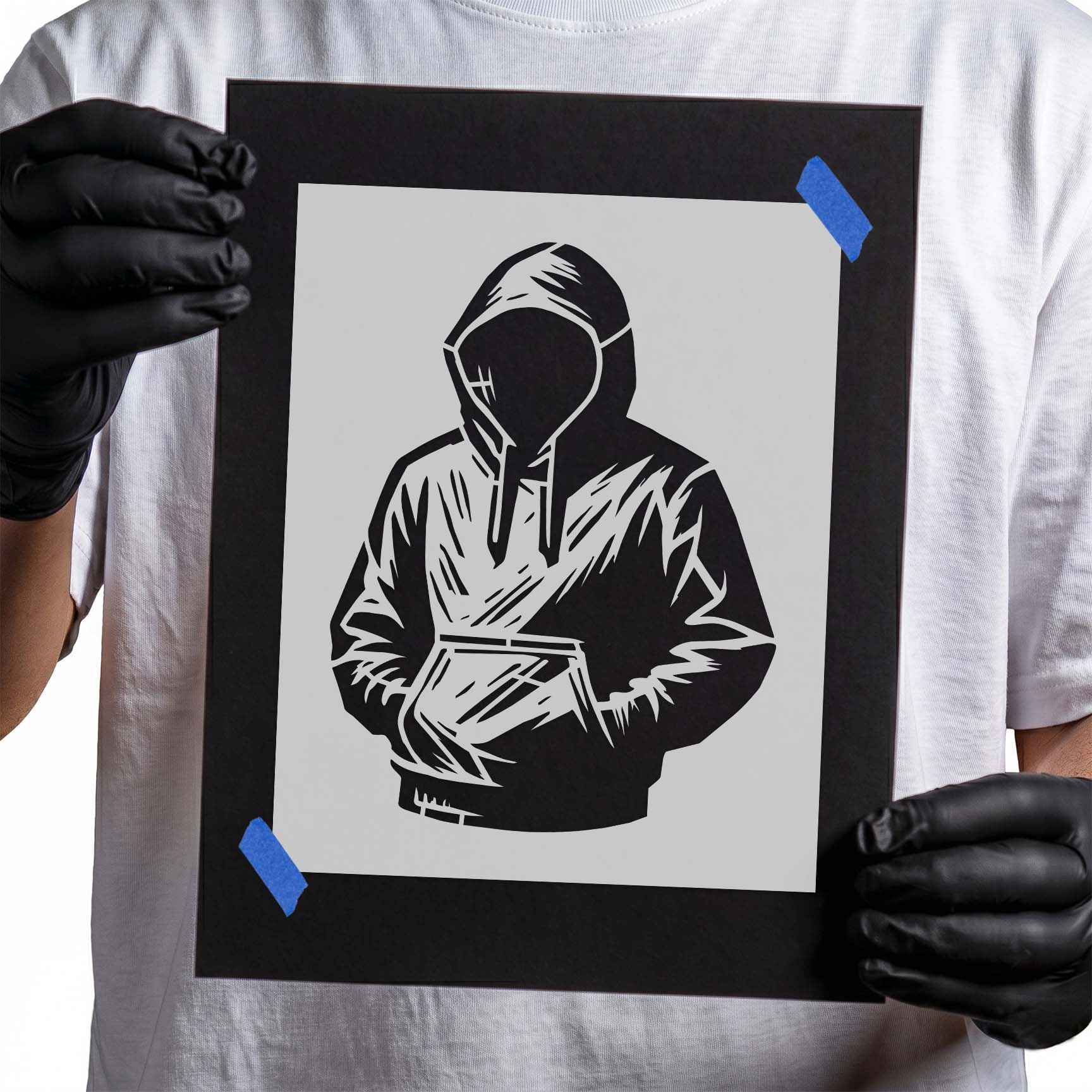 Faceless hooded figure wearing a hoodie with front pocket stencil
