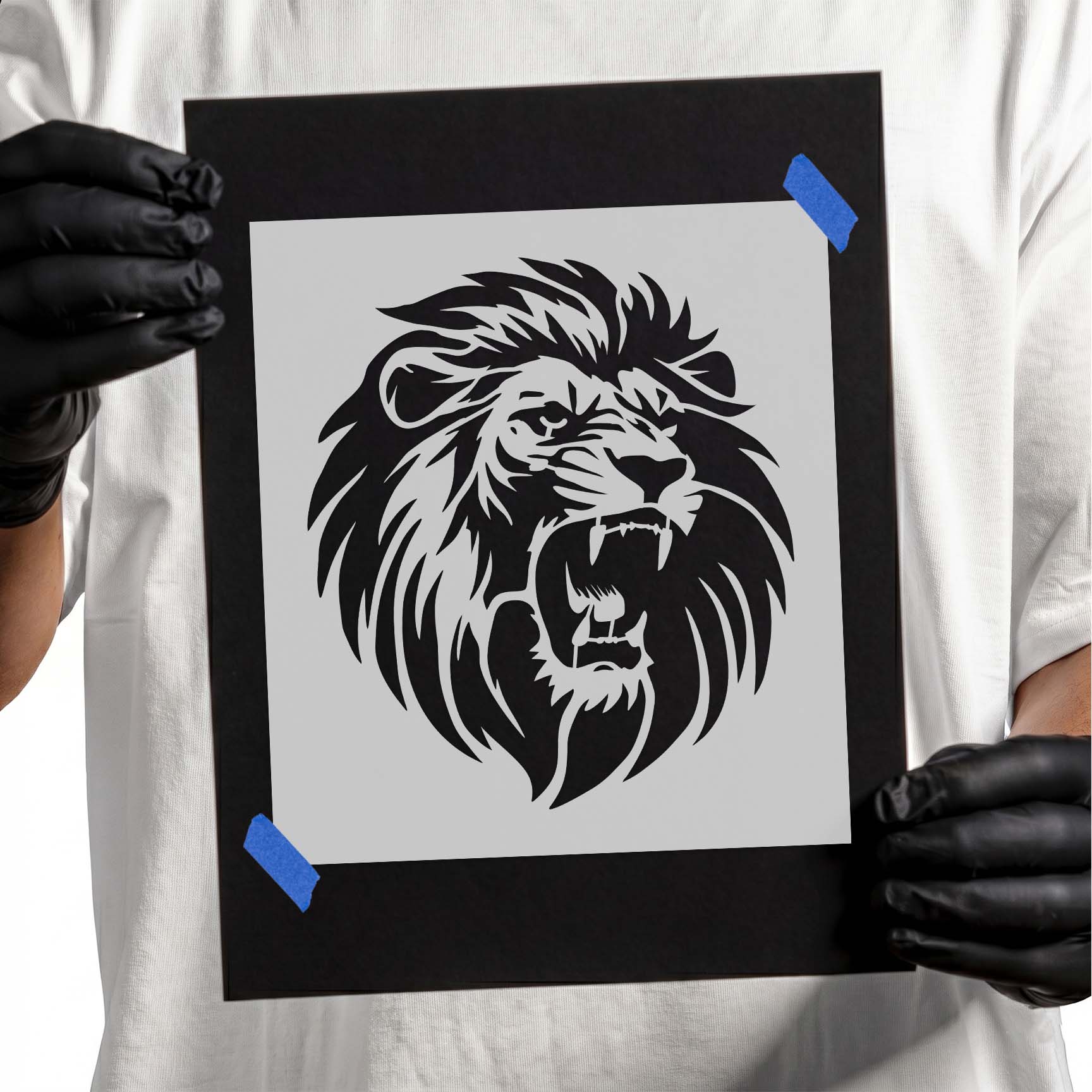 Fierce lion portrait stencil with flowing mane and open mouth
