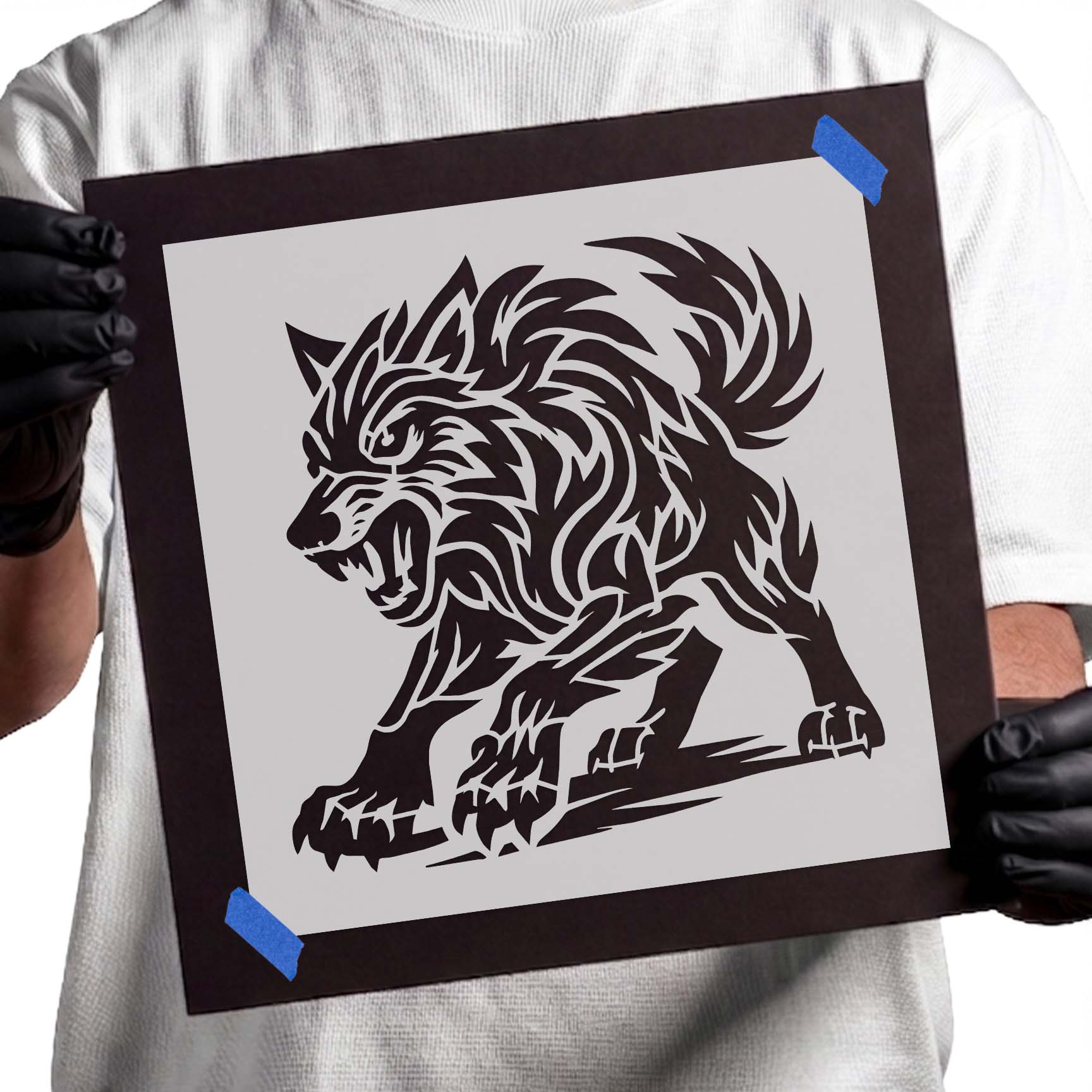Fierce tribal-style wolf stencil with flowing line details
