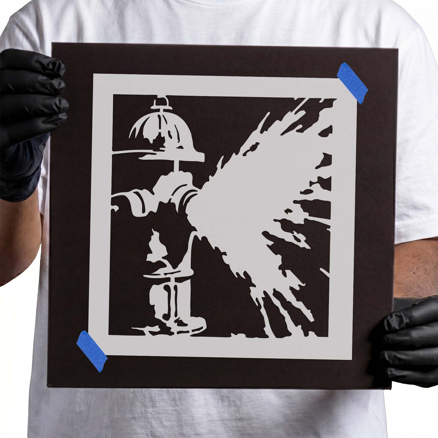 Firefighter standing beside a powerful fire hydrant spray silhouette design
