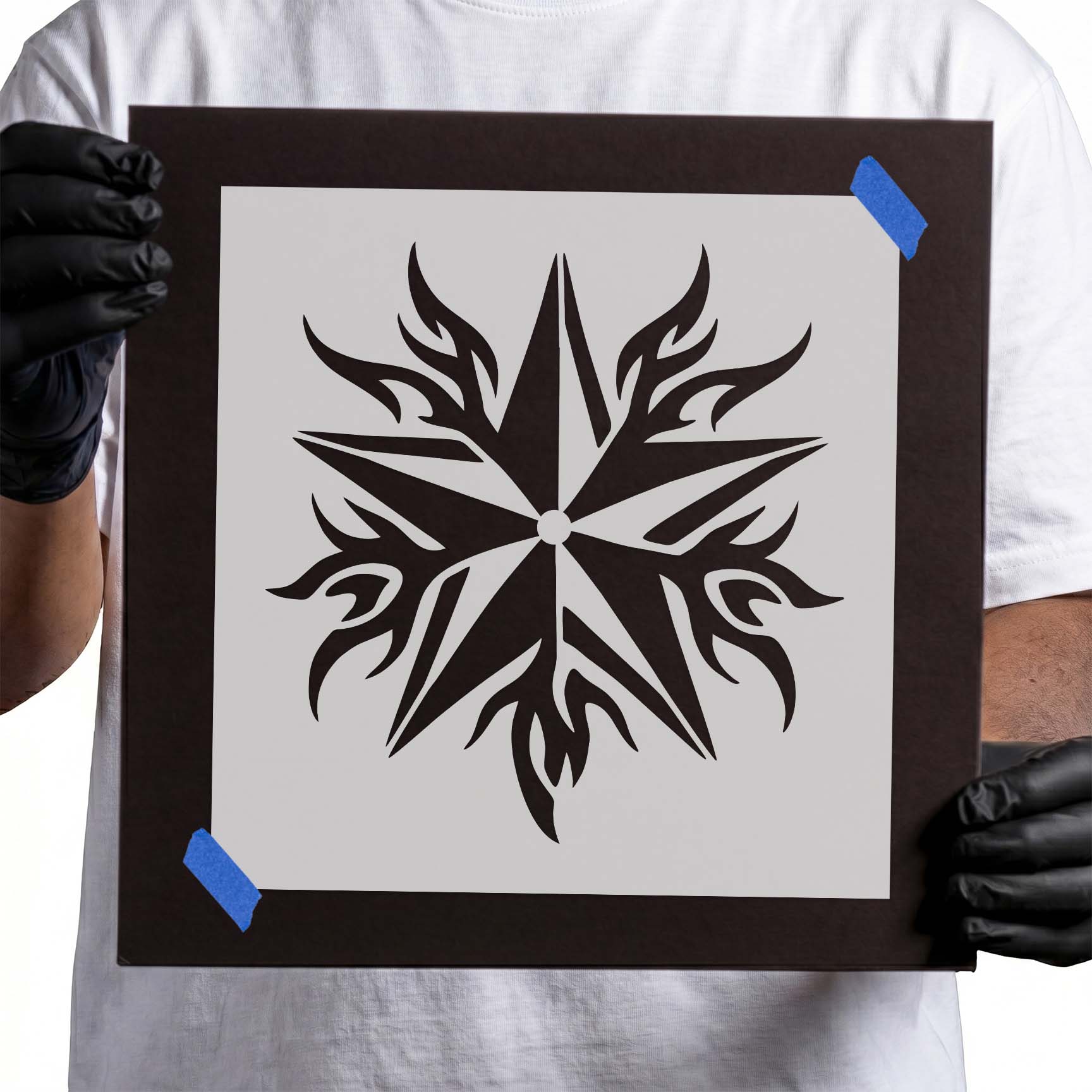 Flame Tribal Star Stencil with eight-point tribal design
