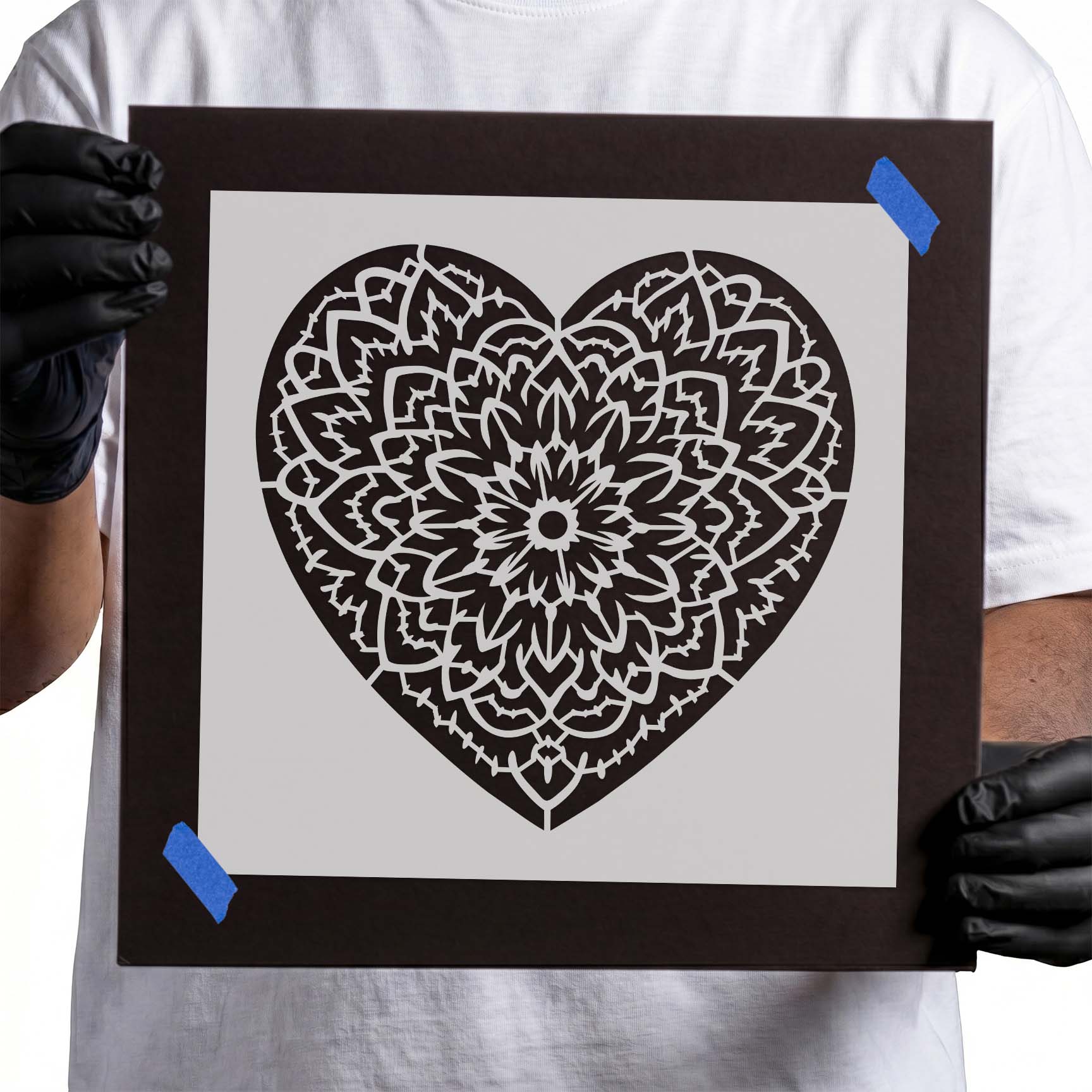 Heart filled with intricate floral mandala stencil pattern