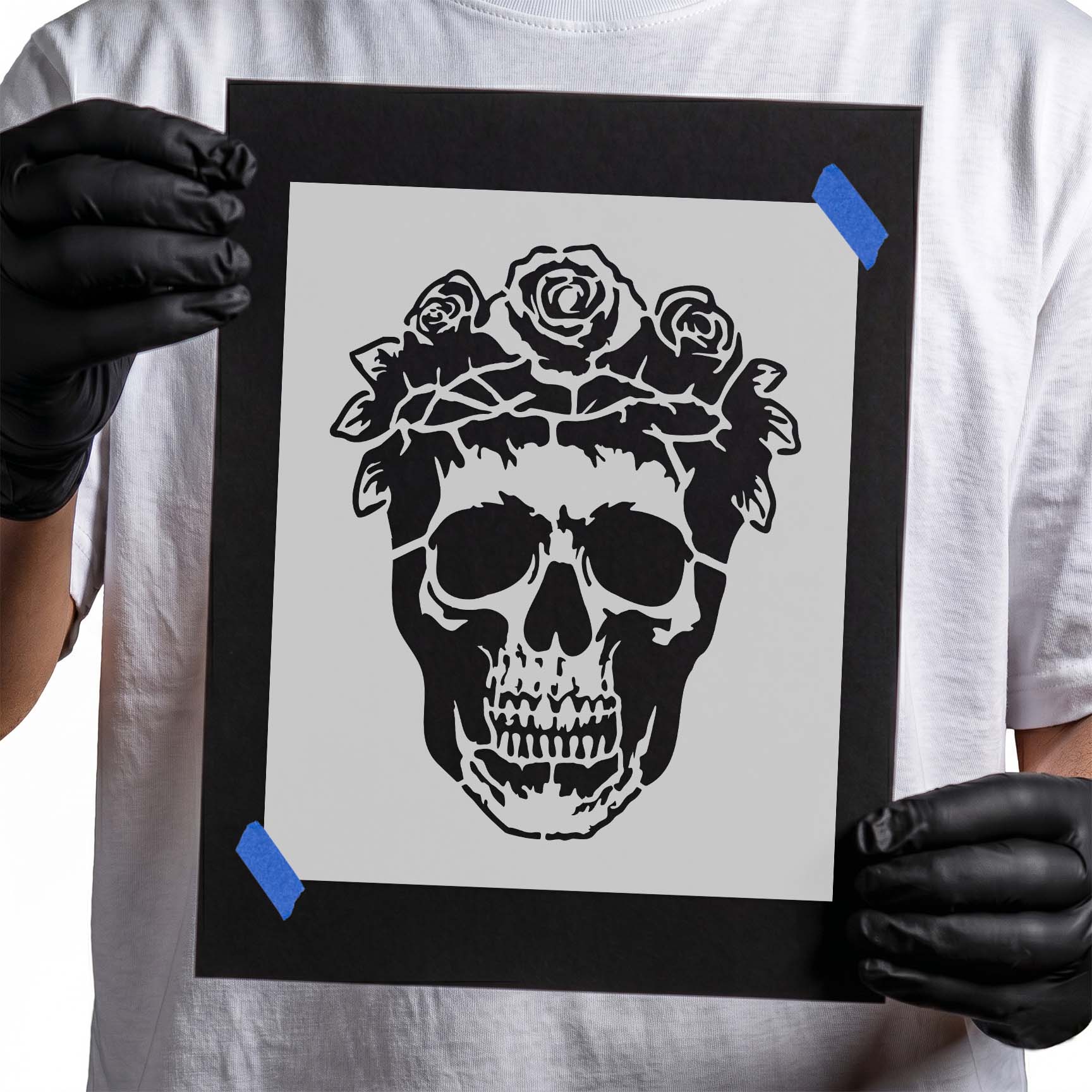 Detailed human skull wearing a blooming rose crown with gothic floral design
