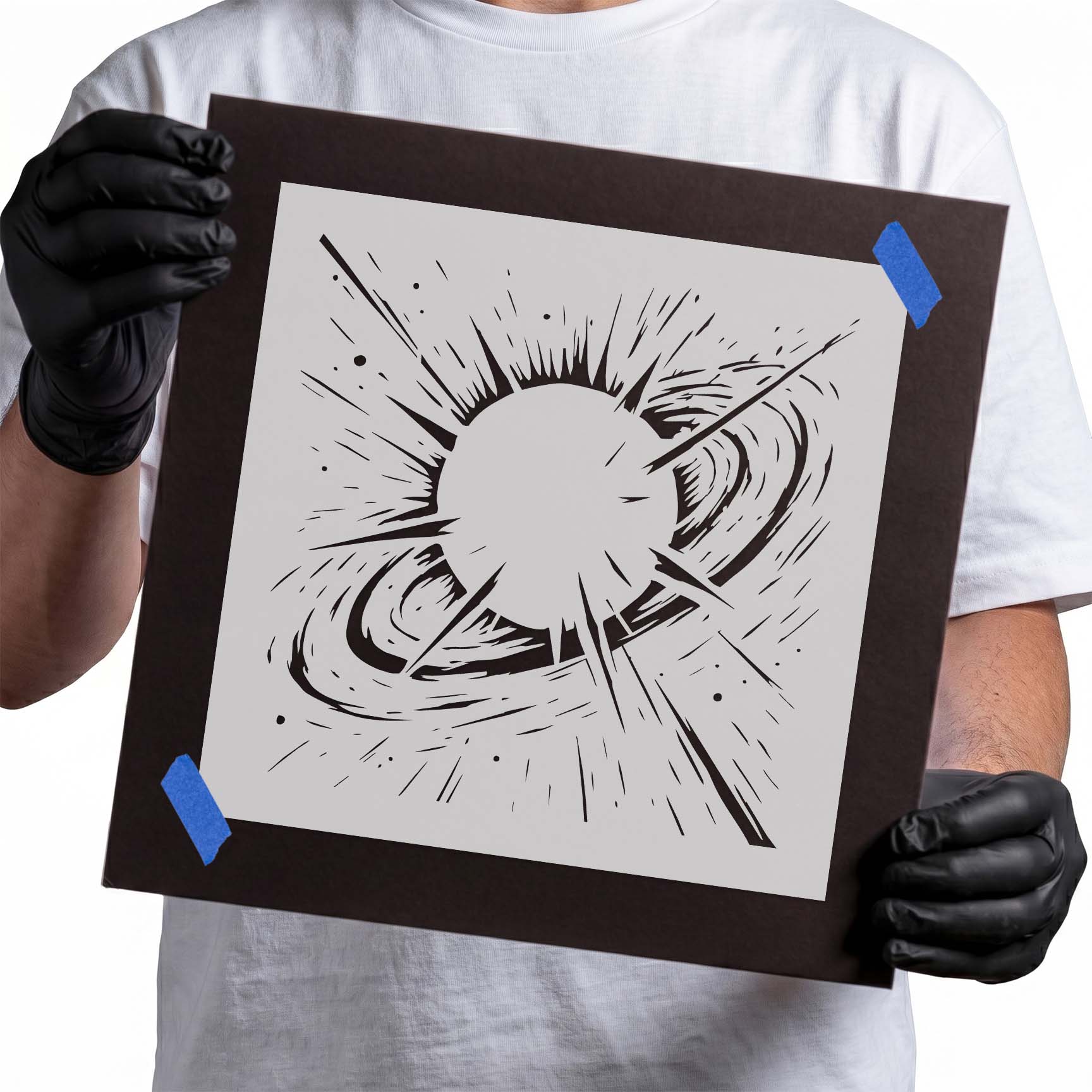 Radiant sun with swirling cosmic energy stencil design
