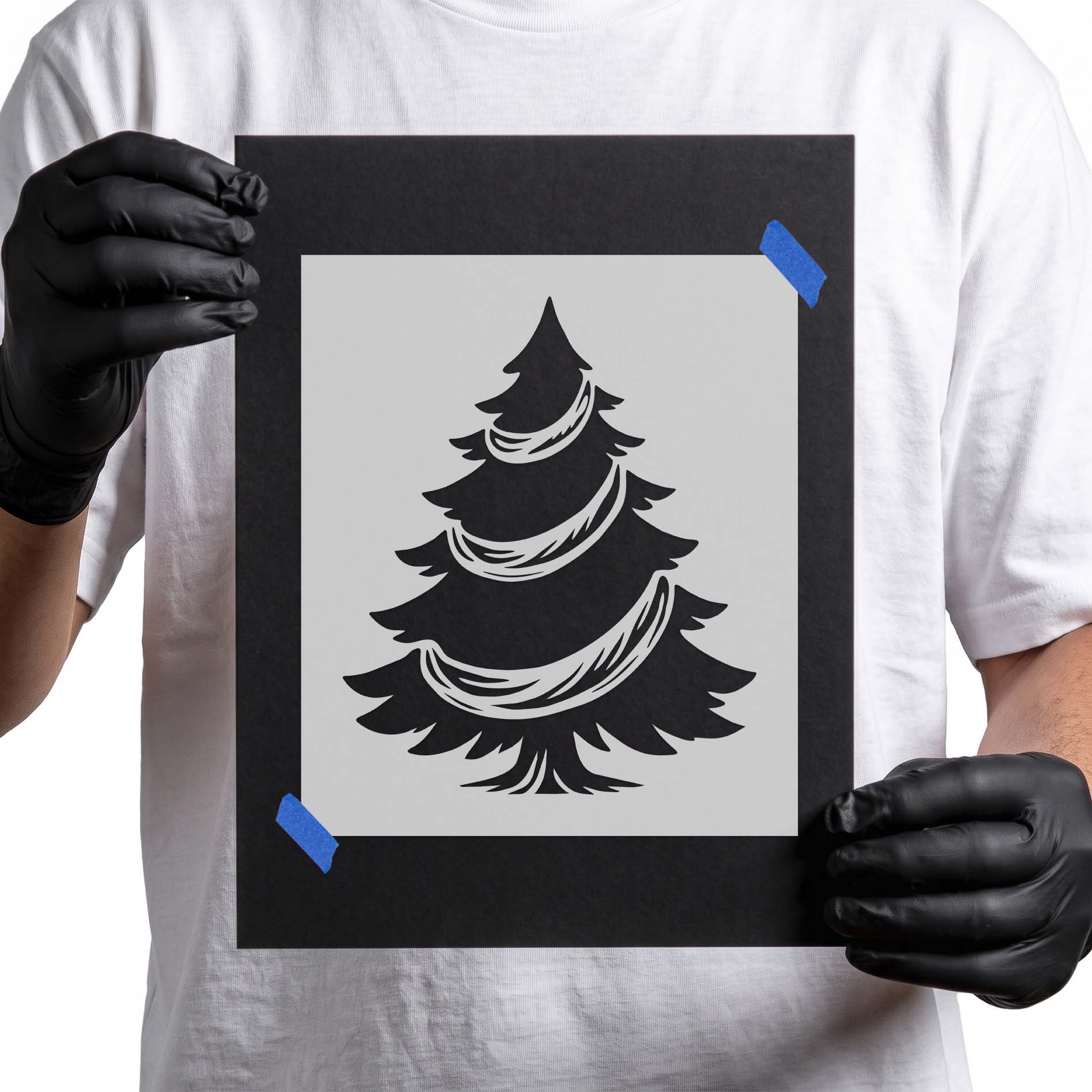 Garland Christmas Tree Stencil featuring a classic evergreen tree decorated with flowing garland