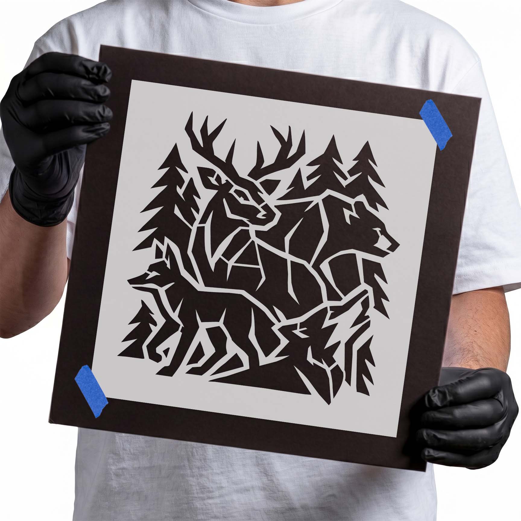 Geometric forest wildlife stencil with stag, bear, fox, wolf, and pine trees
